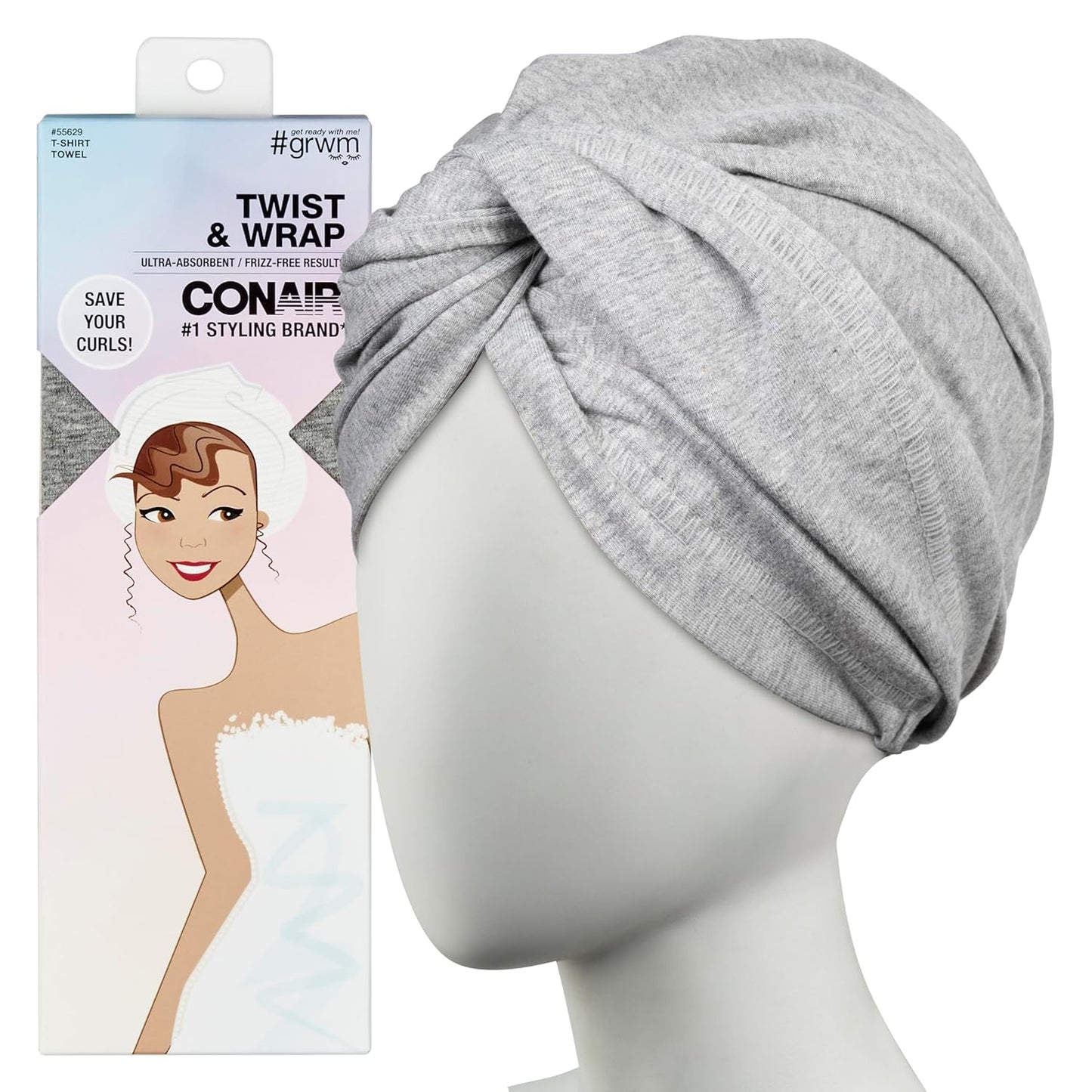 CONAIR Cotton Twist & Wrap Hair Towel, Fast Drying Ultra-Absorbent Hair Plop for All Types and Lengths, Turban-Style Cotton Towel Helps Maintain Natural Curl Style, Gray