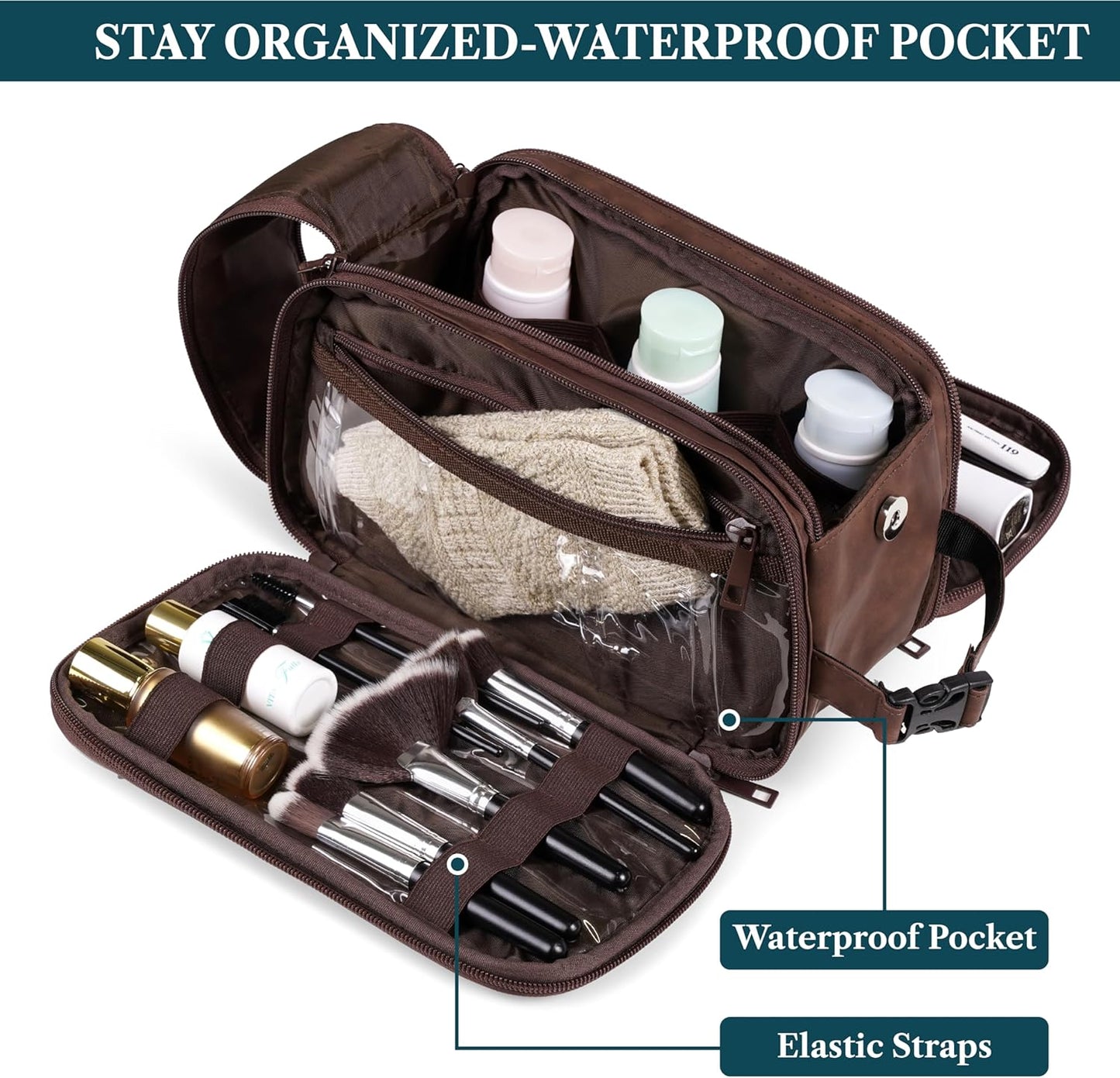 PAVILIA Toiletry Bag for Men Women, Mens Travel Bag Toiletries Organizer Case for Grooming, Travel Essentials Shaving Dopp Kit, PU Leather Water Resistant Cosmetic Pouch, Dark Brown