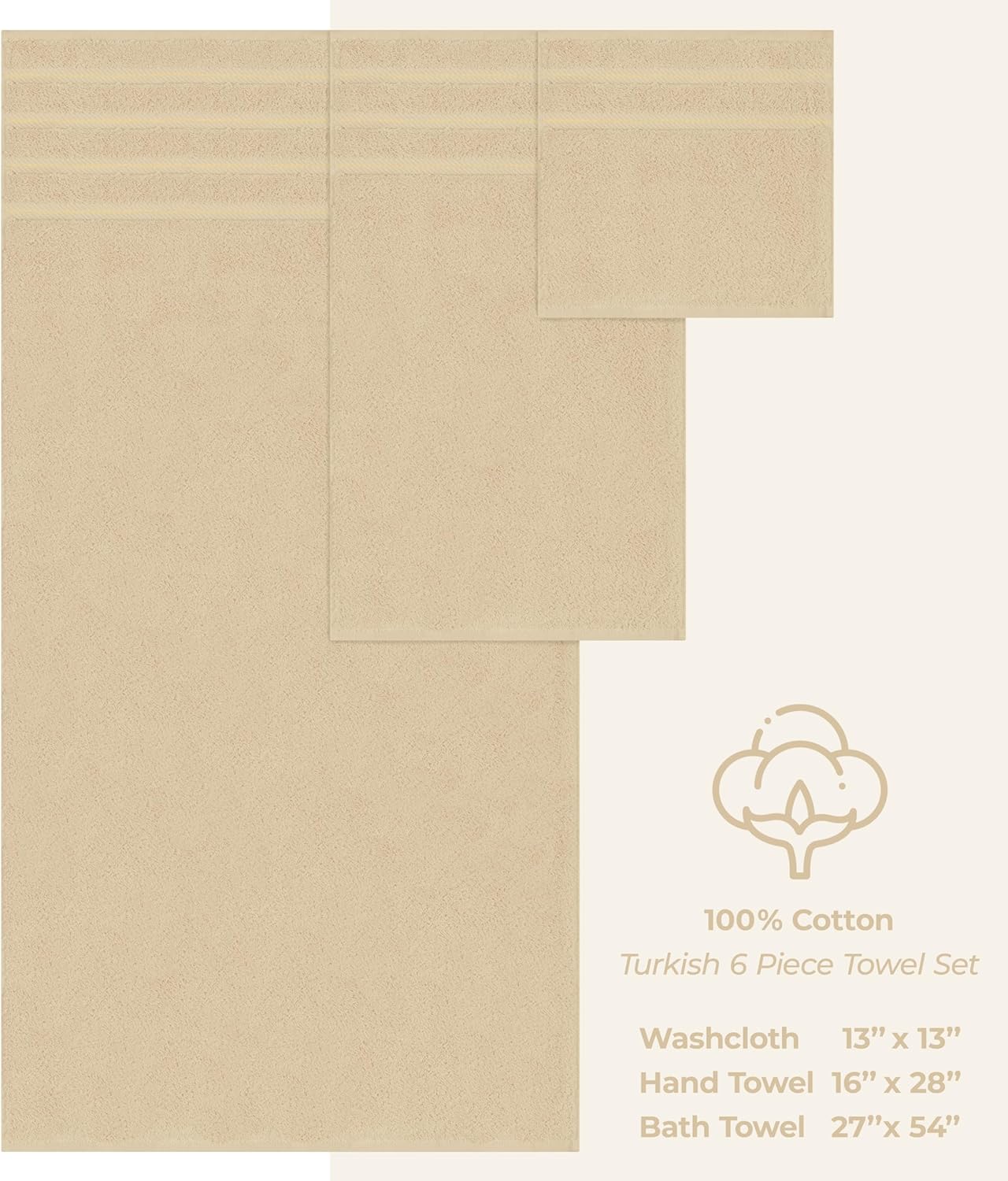 American Soft Linen Luxury 6 Piece Towel Set, 2 Bath Towels 2 Hand Towel 2 Washcloths, 600 GSM 100% Cotton Turkish Towels for Bathroom, Beige Towel Sets