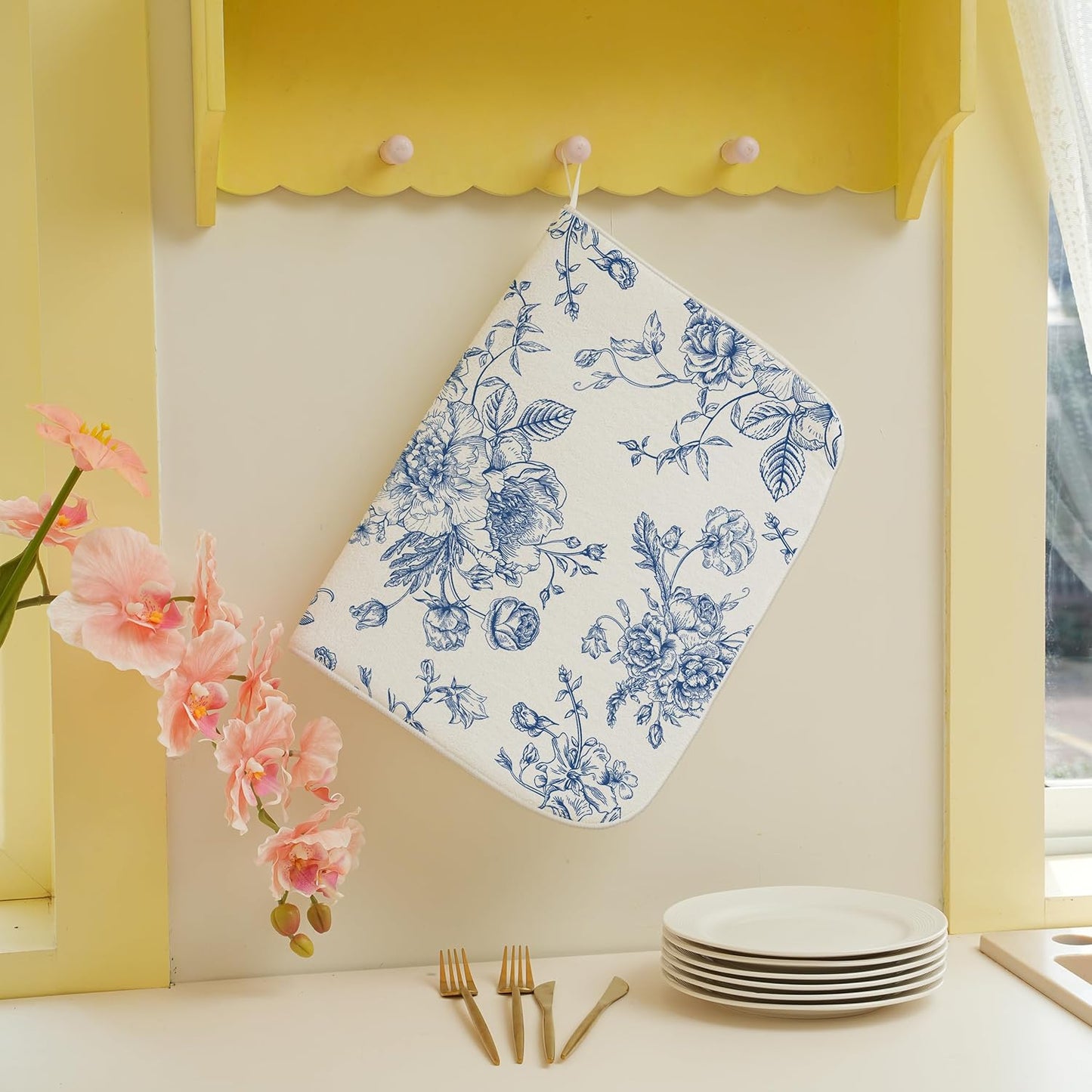Blue Floral Dish Drying Mat for Kitchen Counter, 18x24 Inch Chinoiserie Flower Absorbent Dish Drying Pad Heat Resistant Mat Coffee Bar Mat Dish Drainer Rack Mat