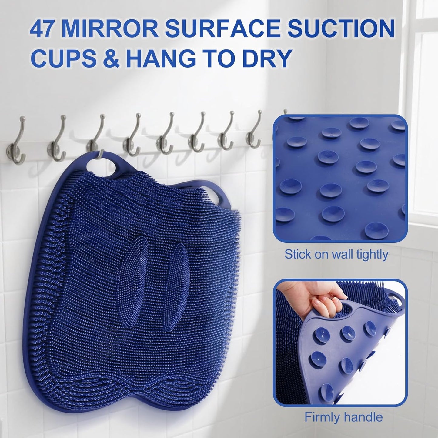 XL Shower Foot Scrubber Mat, Silicone Feet Massage Cleaner Dead Skin Toes Clean Pad without Bending Non-slip Suction Cups -Improve Circulation for Feet Beauty Exfoliate Smooth Achy 17.2*13" Navy Blue