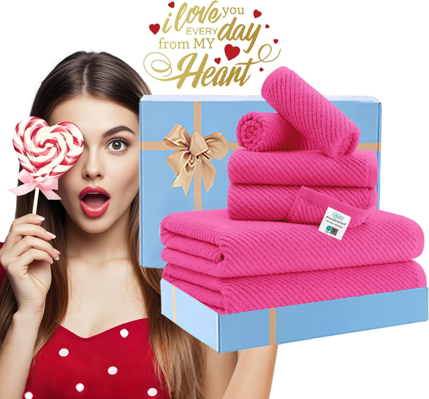 Hot Pink Towels - 100% Cotton, Soft, Quick Dry, Lightweight, Towel Set of 6, 2 Large Bath 30"x56", 2 Thick Hand 18"x28", 2 Absorb Washcloths 13"x13", Pink Bath Towel with Hanging Loop, Luxury Gift Set