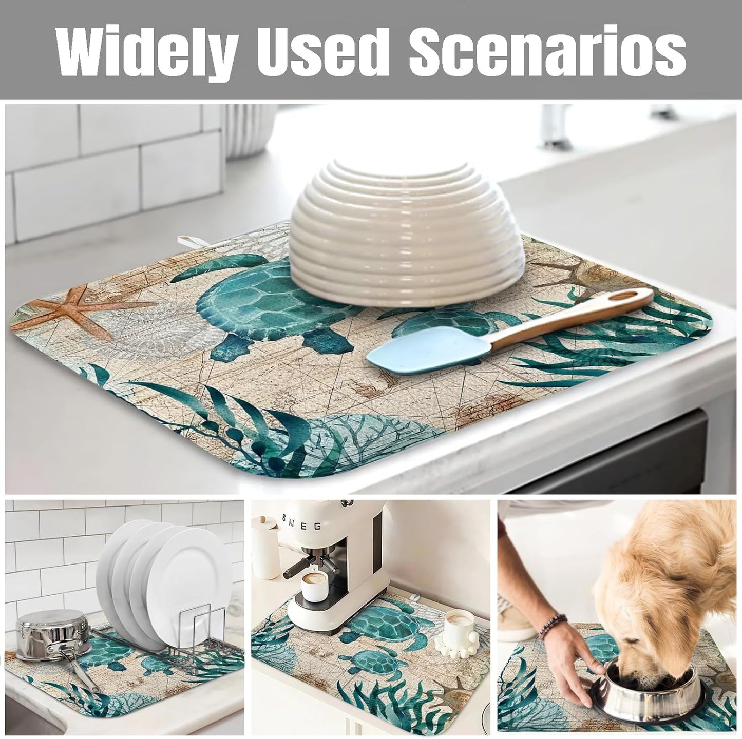 Dish Drying Mat for Kitchen Counter Large 18" x 24" Seaturtle Absorbent Microfiber Dishes Drainer Rack Mats Pad Reusable Washable
