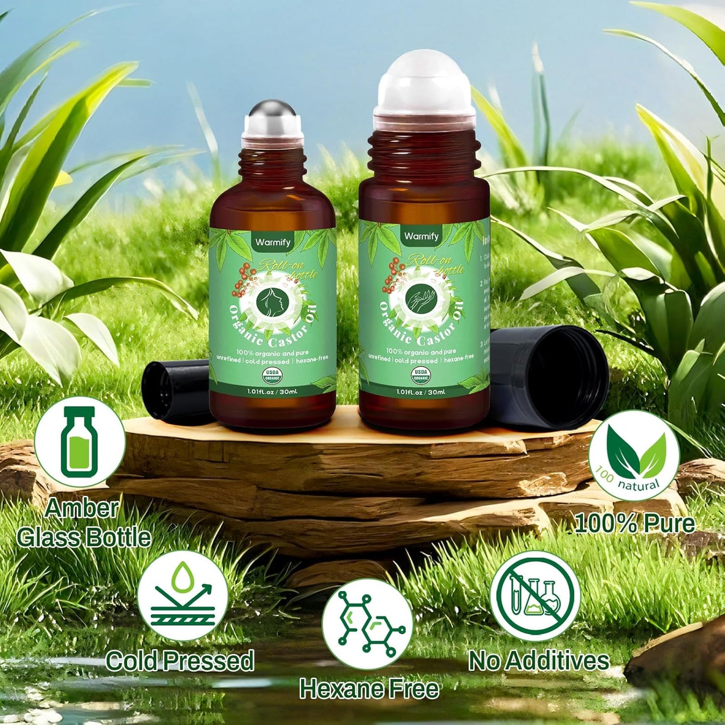 2-in-1 Castor Oil Roll On for Face & Hands, Organic Cold Pressed, Hexane-Free, Unrefined Glass Bottle – Targeted Roller Balls for Eye, Lip, Skin, Nail & Cuticle Care – 2 x 1 fl.oz