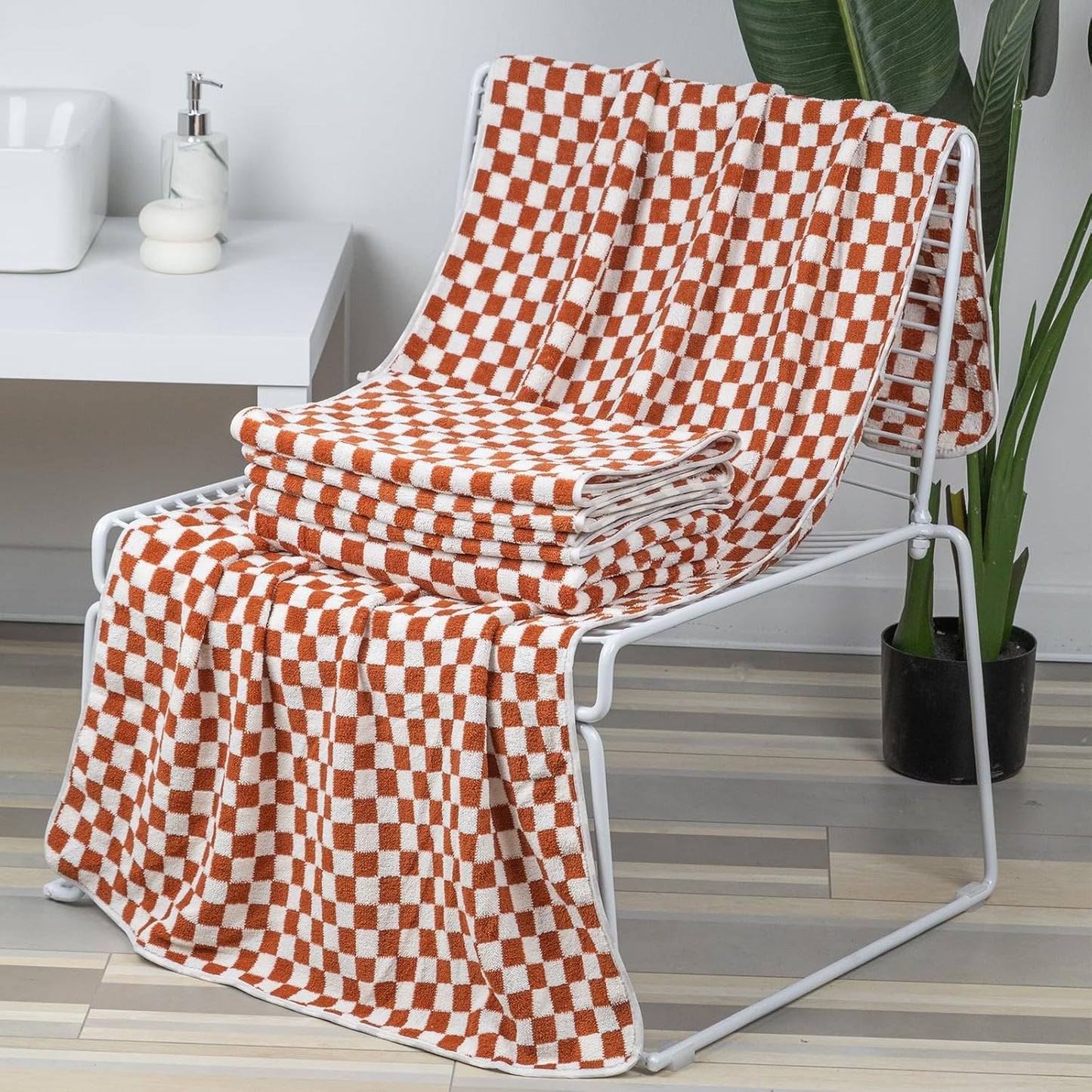 Checkered Bath Towels Set of 6 Large, Microfiber Shower Towels * 2 (55.12"*27.56"), Hand Towels * 4 (29.52"*13.77"),Towels for Bathroom、Pool、Hotel, Spa, Soft Absorbent Quick-Dry（Red