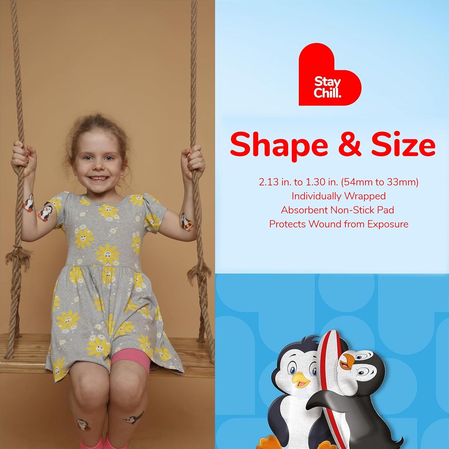 BioSwiss Kids Bandages, Penguin Shaped Self Adhesive Bandage Set, Latex Free, Sterile Wound Care, 24 Count