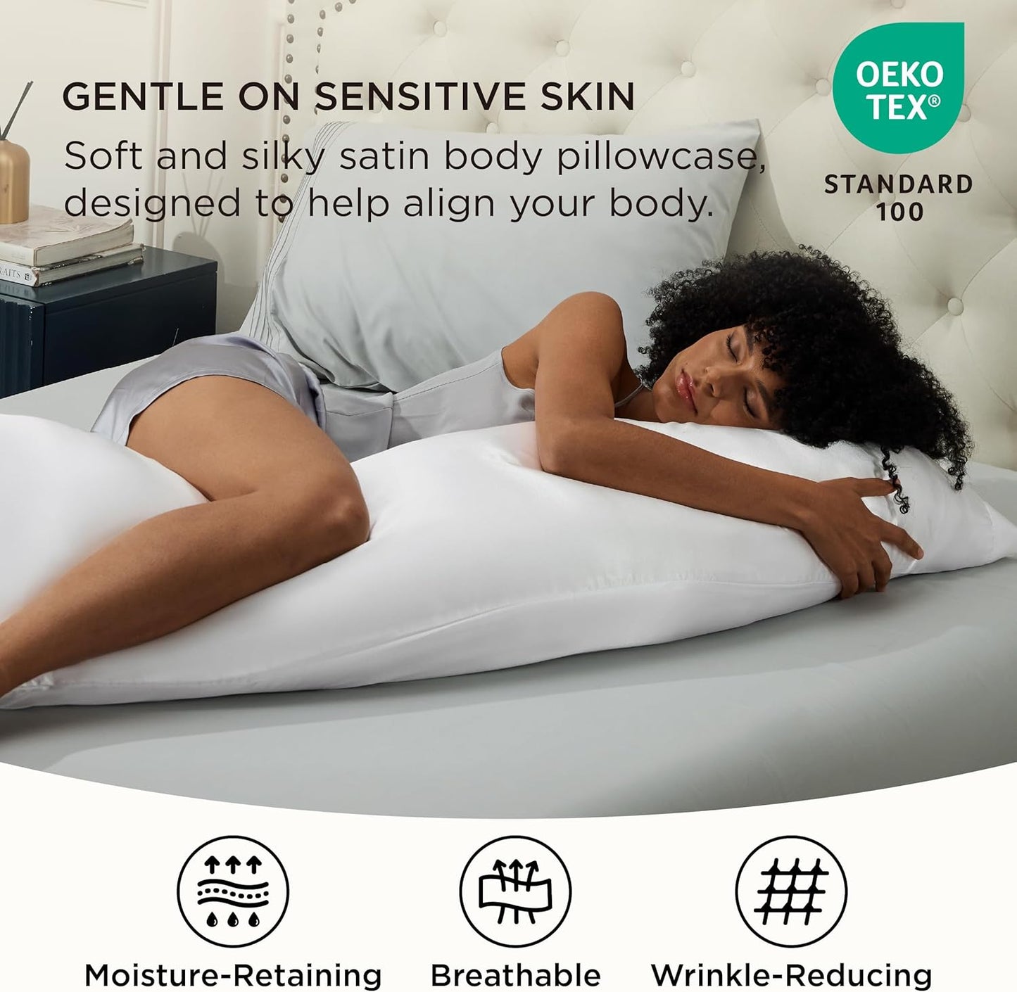 Bedsure Satin Body Pillow Pillowcase - Similar to Silk White Body Pillow Cover Case with Envelope Closure,Cooling and Silky Long Pillowcase for Hair and Skin,20x54 Inches