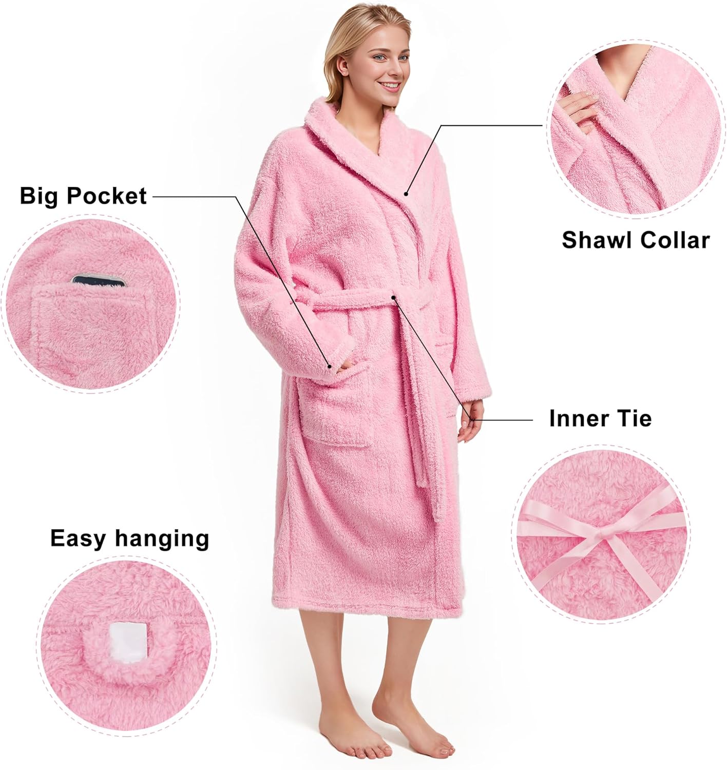 Inner Wish Womens Plush Fleece Robe, Cozy Warm Bathrobe Fuzzy Female Spa Robe With Pockets