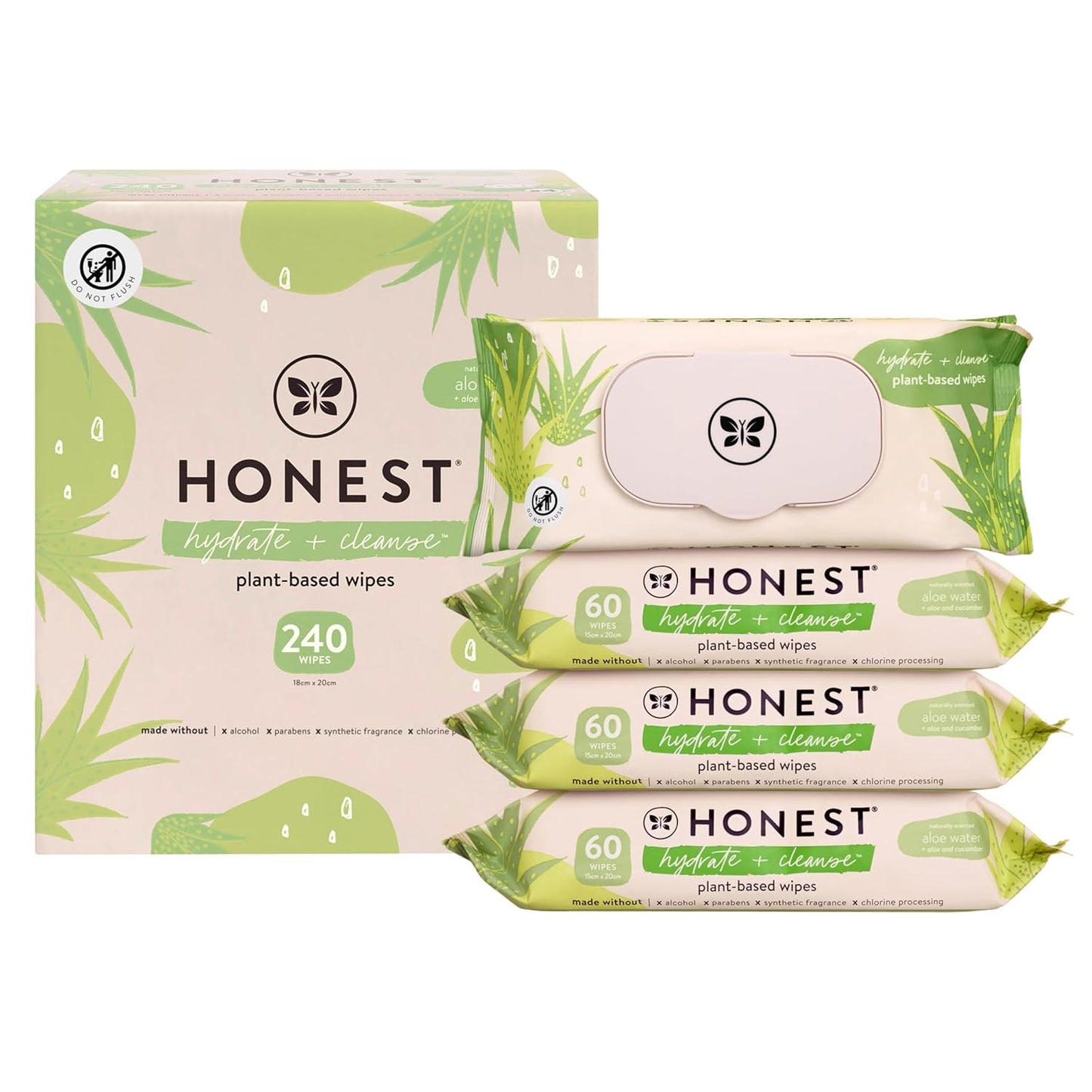 The Honest Company Hydrate and Cleanse Naturally Scented Wipes Cleansing Multi-Tasking Wipes 99% Water Plant Based Hypoallergenic Aloe and Cucumber 240 Count