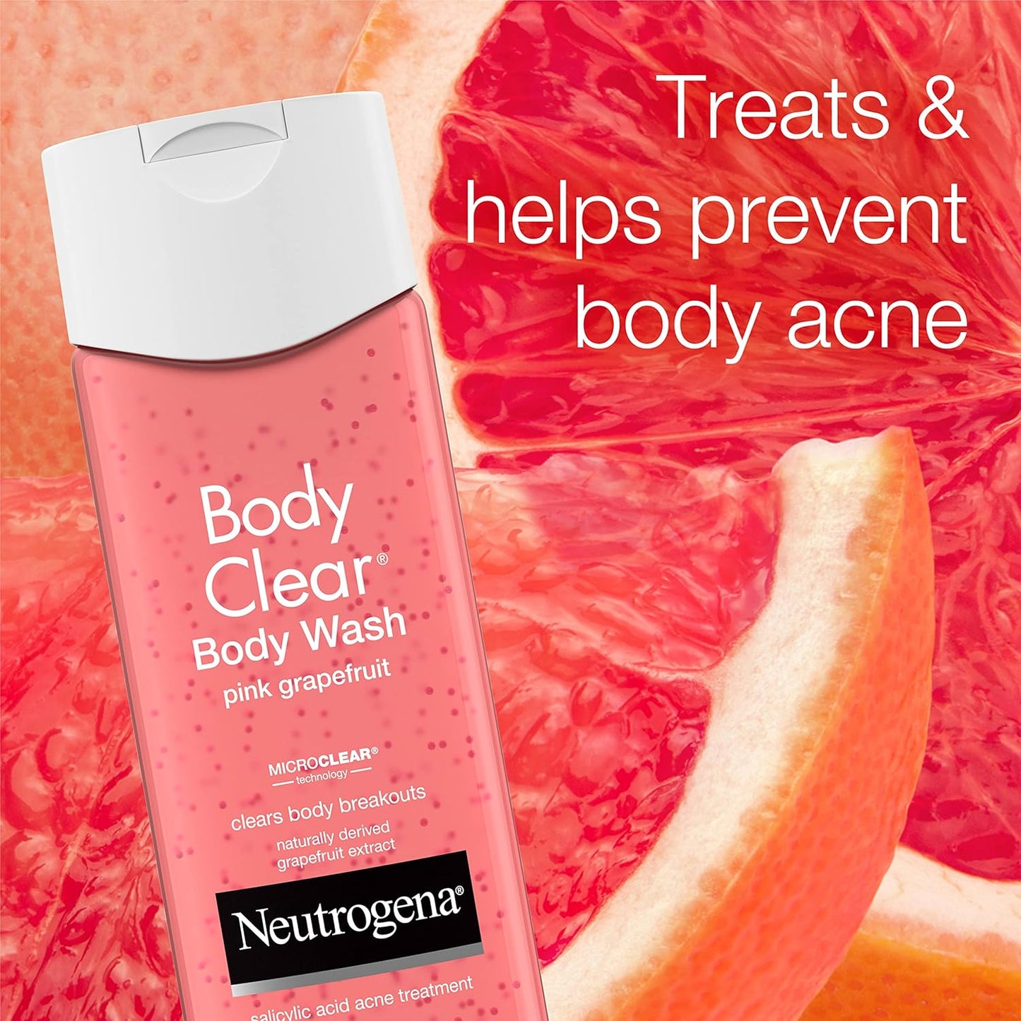 Neutrogena Body Clear Acne Treatment Body Wash with Salicylic Acid Acne Medicine, Pink Grapefruit Body Acne Cleanser to Prevent Breakouts on Back, Chest & Shoulders, 8.5 fl. oz, 3 Pack