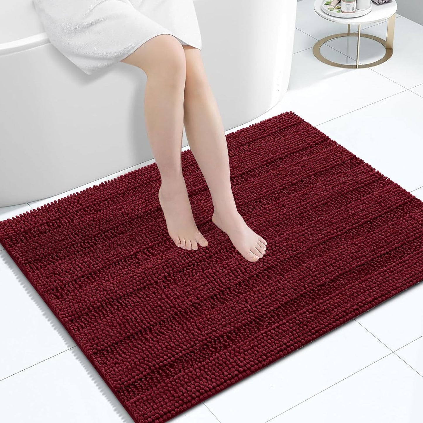 Grandaily Chenille Striped Bathroom Rugs 40x32, Extra Thick and Absorbent Bath Mats, Non-Slip Soft Plush Shaggy Shower Carpet, Machine Wash Dry, Bath Rug for Bathroom, Burgundy