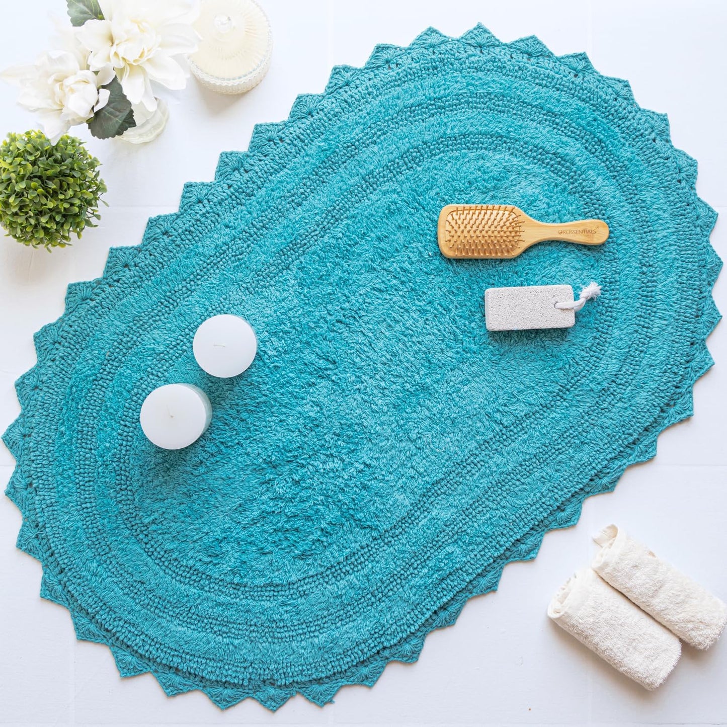 RAJRANG Pearled Bluebird Crochet Cotton Bath Mat | Reversible, Absorbent, Non-Slip Oval Rug for Bathroom, Spa & Kitchen | Machine-Washable, 34×21"