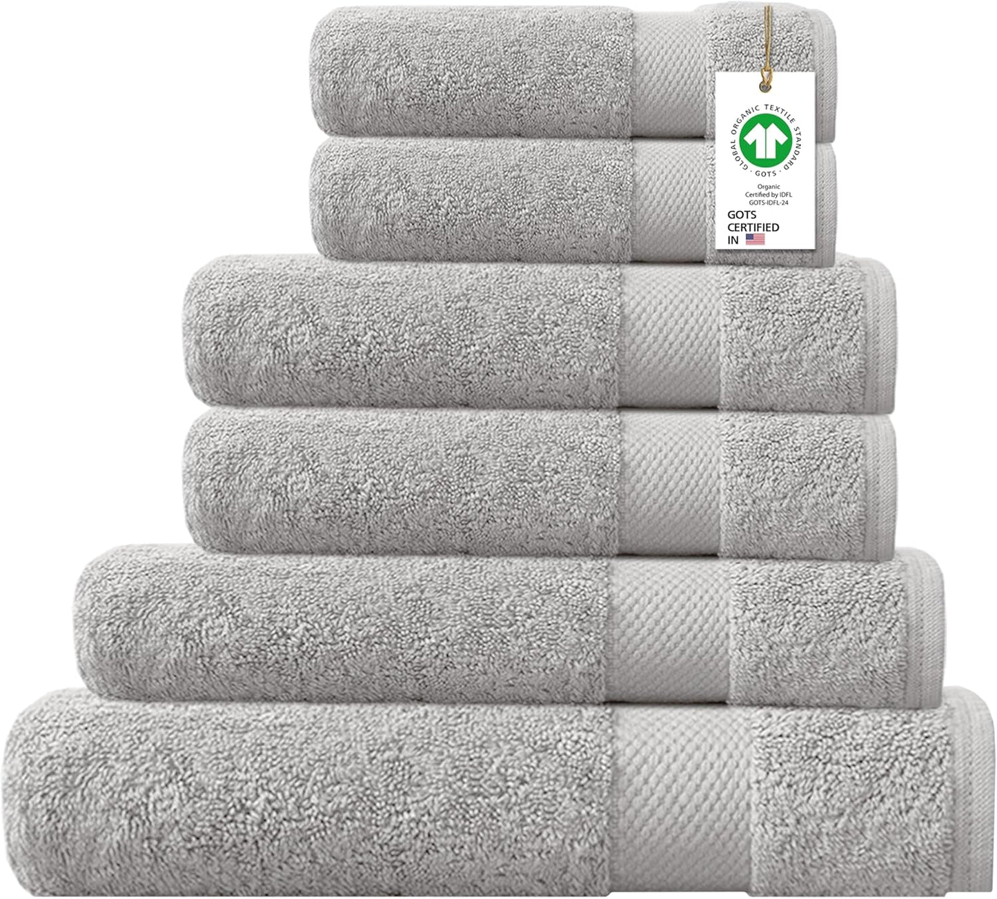 Delara 100% Organic Cotton Towels 650 GSM Plush Feather Touch Quick Dry Towel, 6-Piece Towel Set GOTS Certified, Oeko-Tex Green Certified, 1 Bath Towel, 1 Bath Sheet, 2 Hand Towels & 2 Wash Cloths