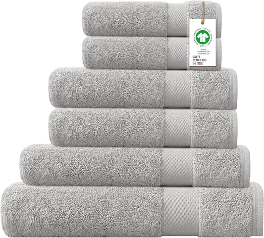 Delara 100% Organic Cotton Towels 650 GSM Plush Feather Touch Quick Dry Towel, 6-Piece Towel Set GOTS Certified, Oeko-Tex Green Certified, 1 Bath Towel, 1 Bath Sheet, 2 Hand Towels & 2 Wash Cloths