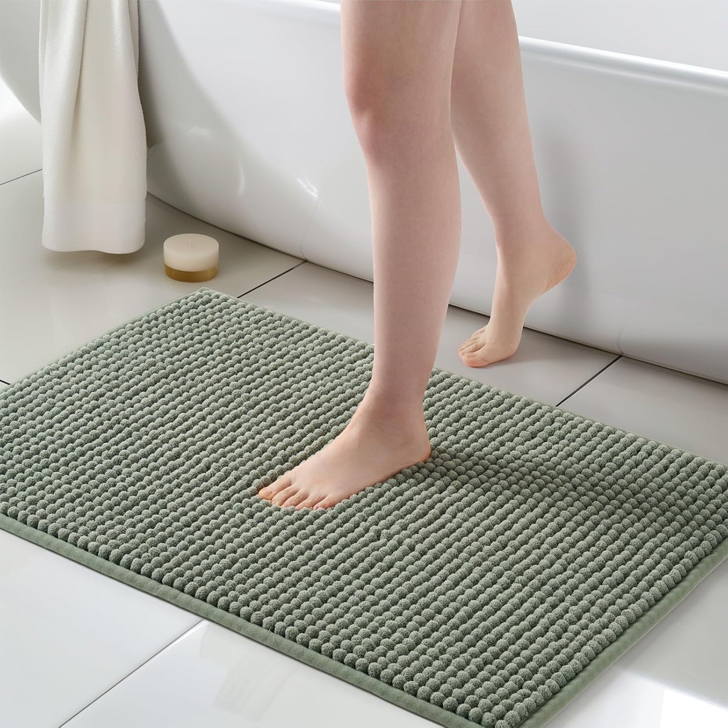 FRESHMINT Thick Chunky Chenille Bathroom Rugs 24"x36", Non Slip Bath Mat, Large Soft Bathroom Decor, Cute Shower Mat Water Absorbent, Washable, Sage Green