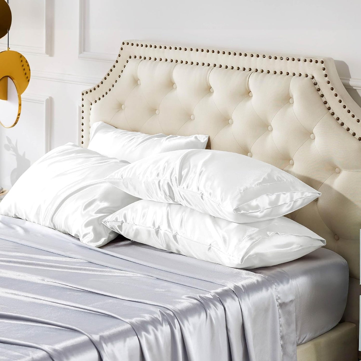 Bedsure Satin Pillowcase for Hair and Skin Queen - Pure White Silky Pillowcase Set of 4 with Envelope Closure, Similar to Silk Pillow Cases, Gifts for Women Men, 20x30 Inches