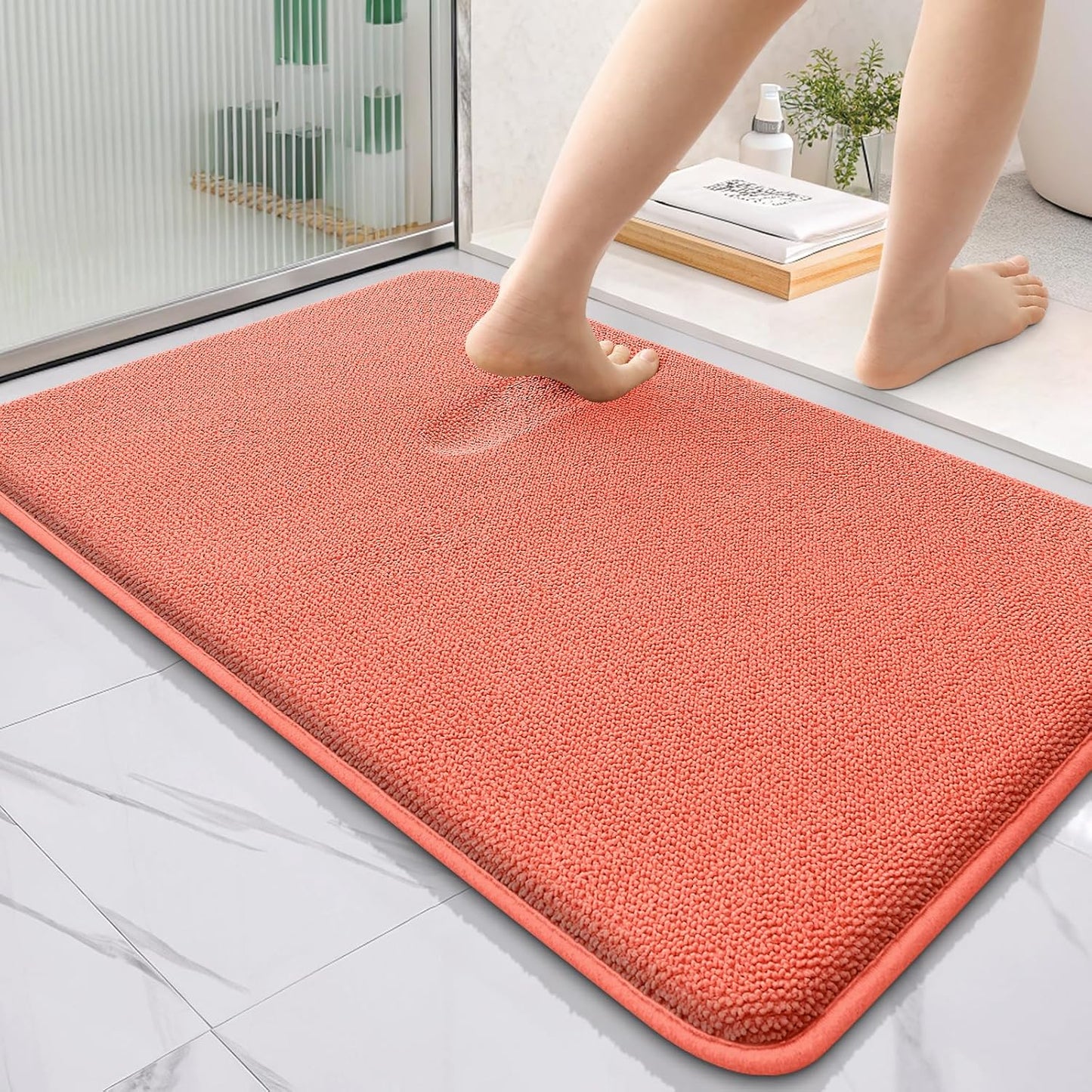 OLANLY Thick Memory Foam Bath Mat Rug 36x24, Extra Soft Absorbent Bathroom Rug, Quick Dry Bath Mats, Non-Slip, Machine Washable Carpet for Bathroom, Tub and Shower, Home Decor Accessories, Coral