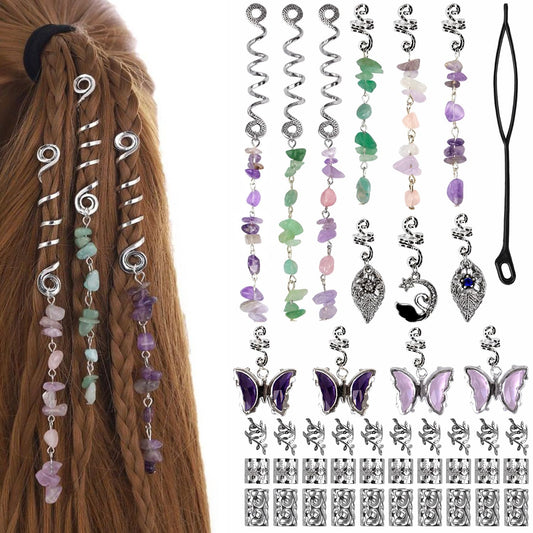 Hair Jewelry for Braids 44 Pcs Natural Colored Crystal Stone Hair Braid Accessories Metal Hair Charms Silver Loc Dreadlock Spirals Cuffs Rings Light Weight Hair Charms for Women