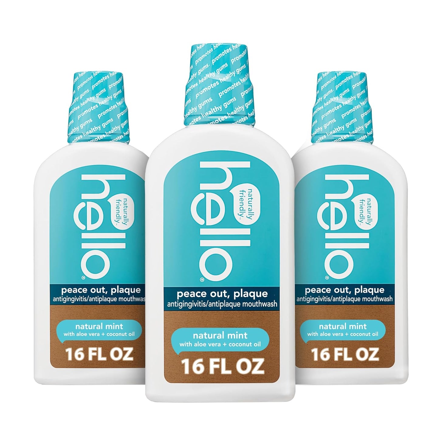 Hello Peace Out Plaque, Antigingivitis Alcohol Free Mouthwash, Natural Mint with Aloe Vera and Coconut Oil, Fluoride Free, Vegan, SLS Free and Gluten Free, 16 Ounce (Pack of 3)