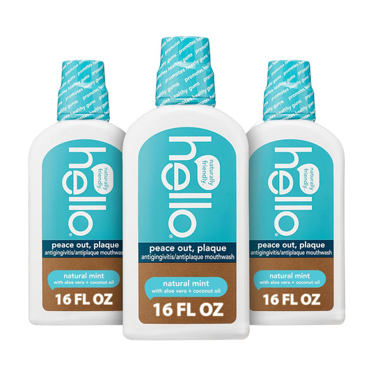 Hello Peace Out Plaque, Antigingivitis Alcohol Free Mouthwash, Natural Mint with Aloe Vera and Coconut Oil, Fluoride Free, Vegan, SLS Free and Gluten Free, 16 Ounce (Pack of 3)