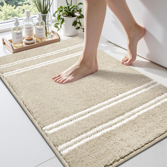 Bathroom Rugs 17x24 Extra Soft Absorbent Bath Mat Chenille Non Slip Shower Mat Rubber Backing Machine Washable Bath Mats for Bathroom Shaggy Khaki Bath Rugs for Tub, Hallway