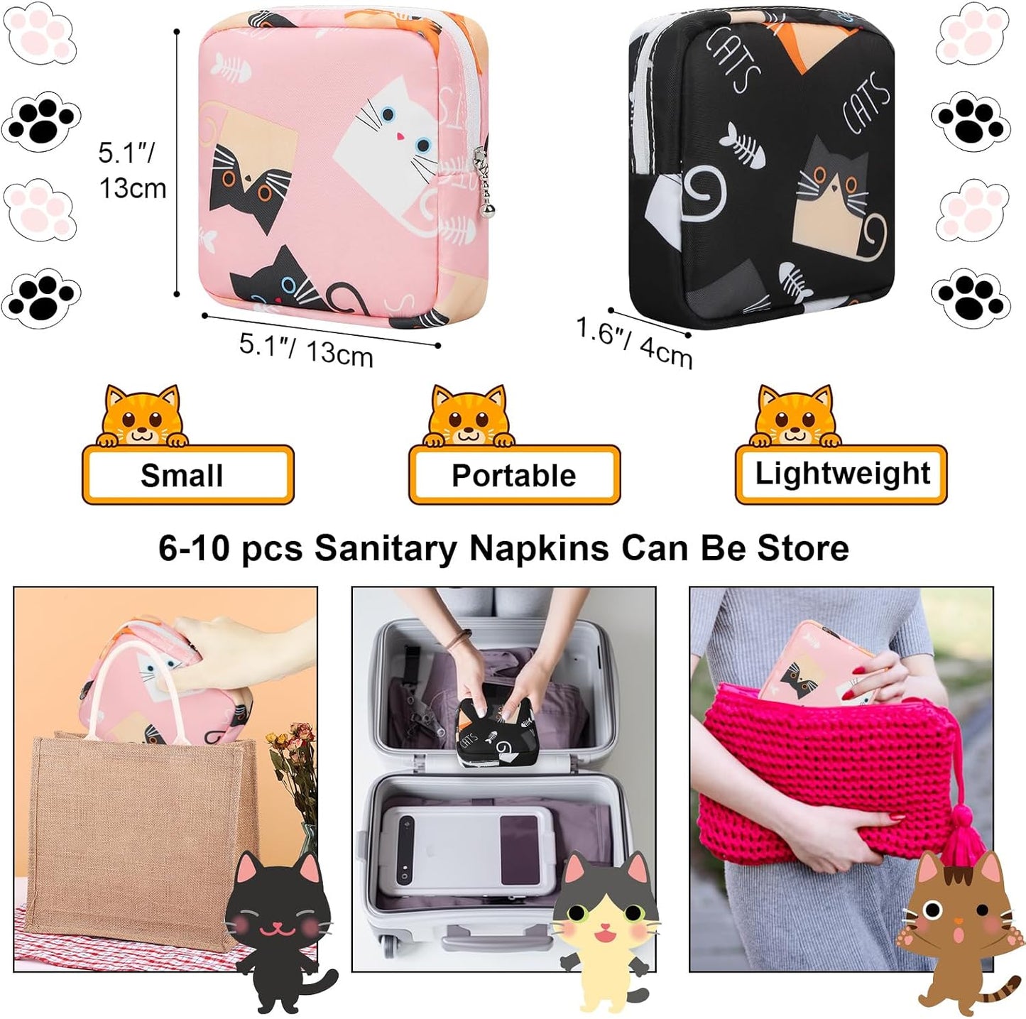 Period Bag Pouch, Canvas Sanitary Napkin Storage Bag for Girls Womens, Portable Sanitary Napkin Period Pad Pouch for Purse, Small Make Up Bags(Cat, Pink)