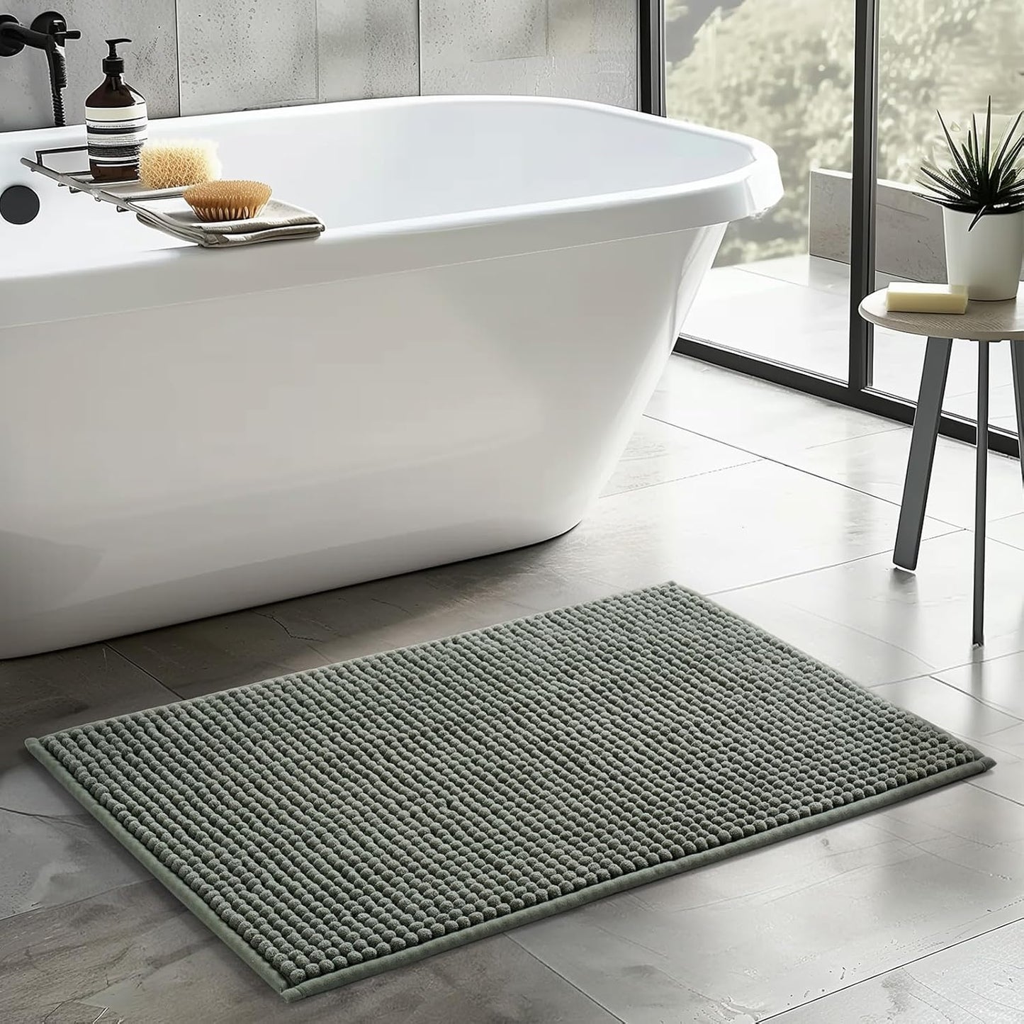 FRESHMINT Thick Chunky Chenille Bathroom Rugs 24"x36", Non Slip Bath Mat, Large Soft Bathroom Decor, Cute Shower Mat Water Absorbent, Washable, Sage Green