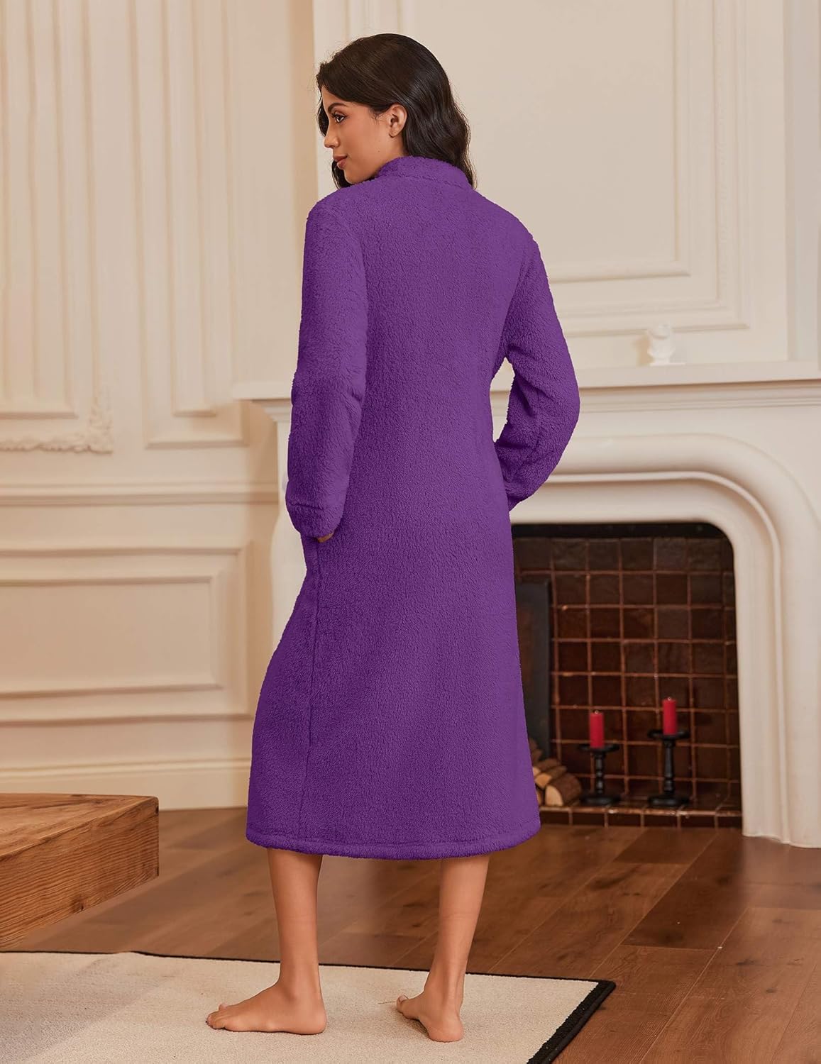 Ekouaer Women's Zip Up Robe Fleece Bathrobe Long Zipper Lounger Warm Housecoat Long Sleeve Nightgown with Pockets S-XXL