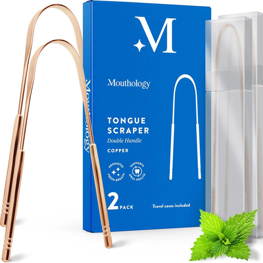 Mouthology Copper Tongue Scraper for Adults (2 Pack), Reduce Bad Breath, Metal Tongue Scraper, Tongue Cleaner, Tongue Scraper, Tongue Scrubber, Tongue Cleaner for Adults, Tongue Scraper Reusable