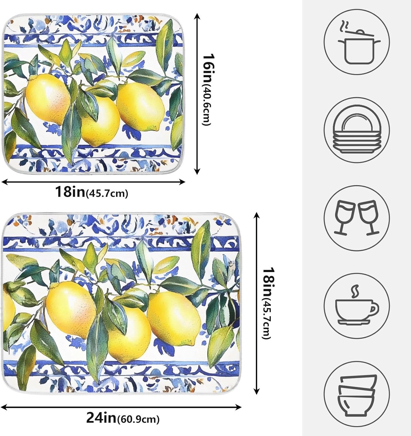 Lemon Olive Tree Italian Tile Dish Drying Mats for Kitchen Counter, 18x24 inch Drying Dishes Absorbent Microfiber Dish Drainer Mat Rack Pad Fast Dry
