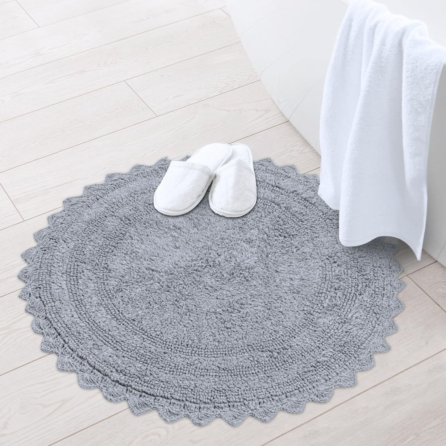 RAJRANG Circular Bath Mat for Bathroom Kitchen and Spa with Crochet Pattern Cotton Absorbent Soft Reversible Boho Bath Rug Light Grey Round 24 Inches