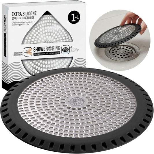 Shower Drain Hair Catcher – Ultra ShowerRing 5" Drain Cover for Flat & Domed Floors | Stainless Steel Hair Trap with Silicone Rim | High-Flow Strainer Prevents Clogs - Black