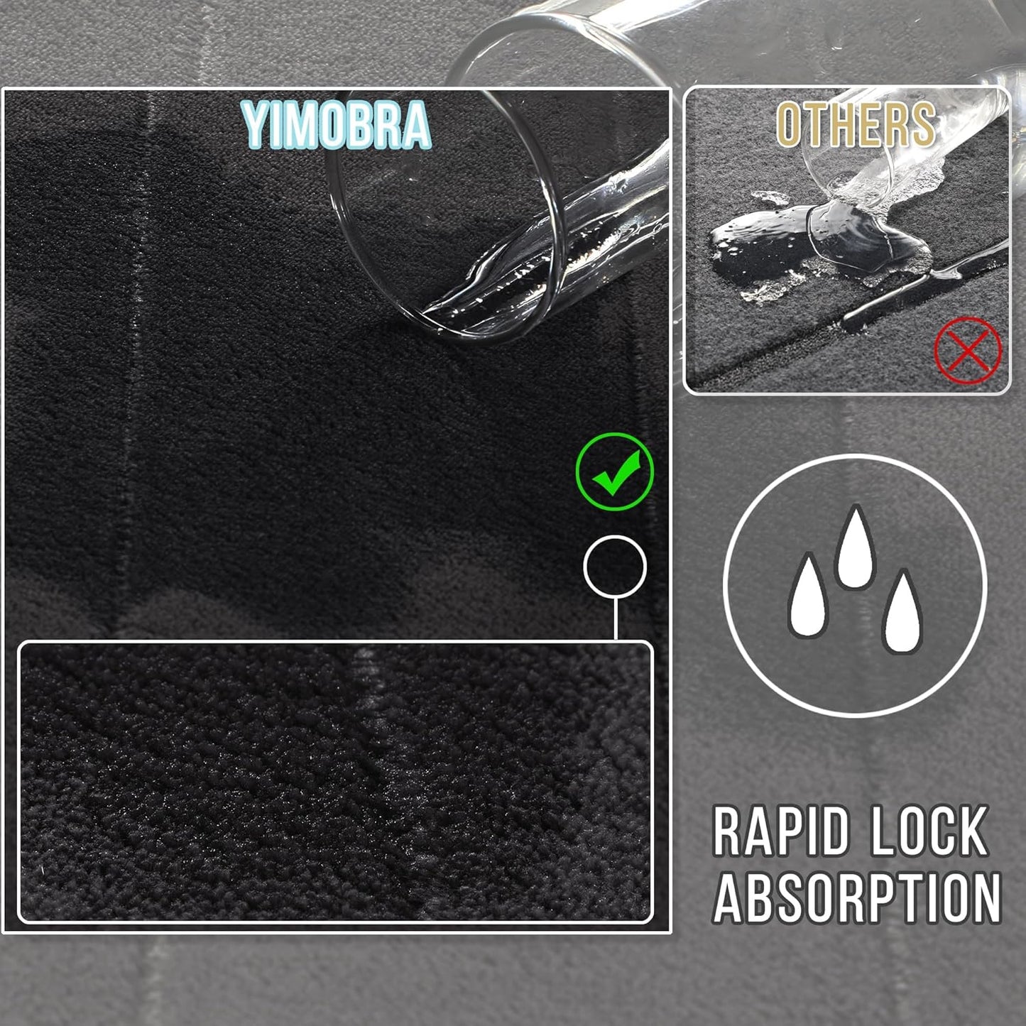 Yimobra Memory Foam Bath Mat, Super Soft Absorbent Bathroom Rug Non Slip 24x17 Inch, Quick Dry, Machine Washable Floor Carpet for Tub Shower, Home Decor Accessories, Black