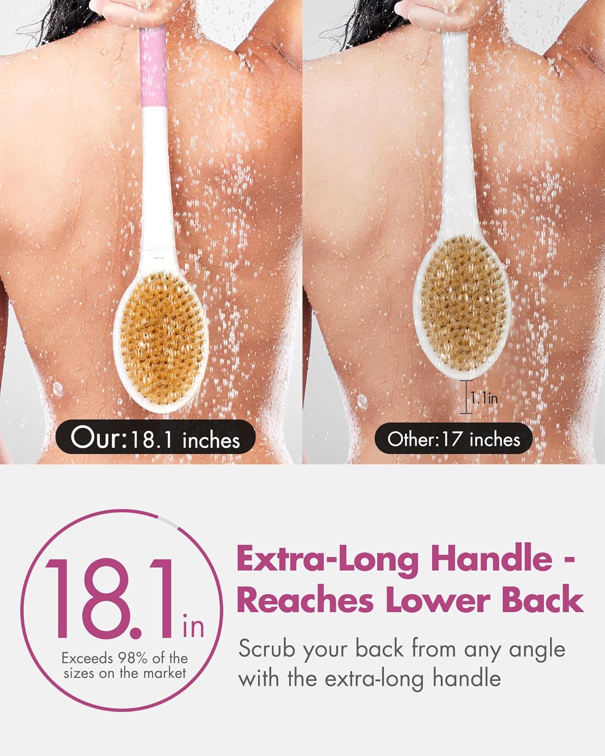 Back Scrubber Body Shower Brush: Anti Slip Long Handle Bath Brush with Stiff and Soft Bristles - Showering Exfoliator Wet or Dry Brushing for Women, Men, Elderly (Pink)