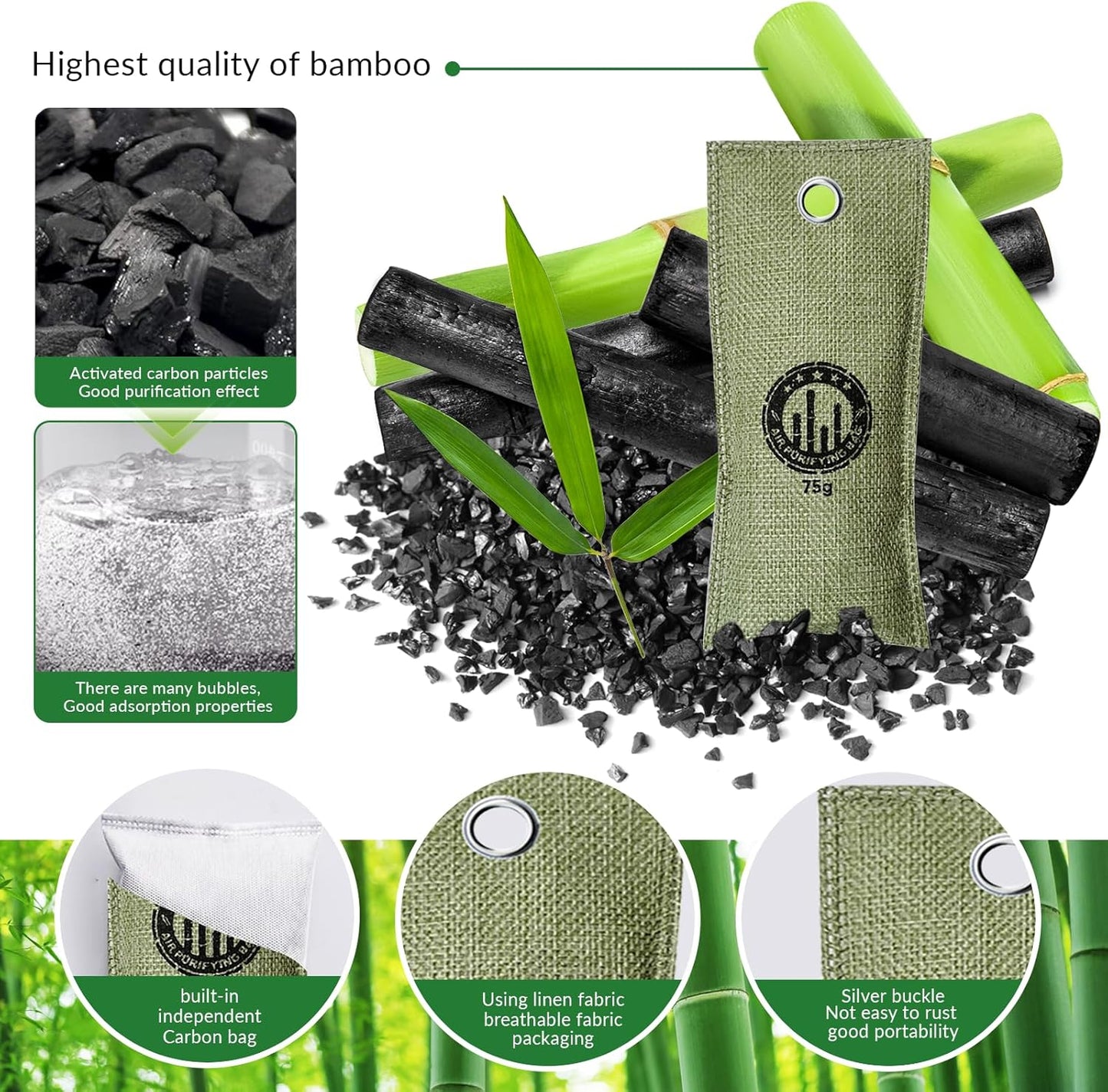 4 Pack charcoal odor absorber,Bamboo Charcoals Air Purifying Bag Charcoals Deodorizer Eliminator for Strong Odors in Car, Closet, Shoe, Basement (75G*4 Pack Green, Unscented)