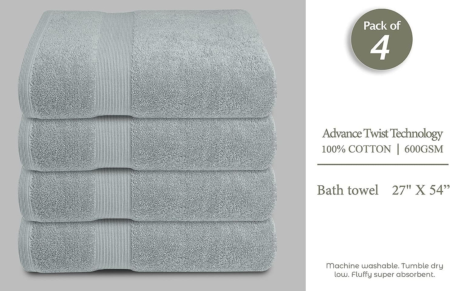 Softolle Luxury Bath Towels Set of 4 (27” x 54”) | Towels for Bathroom | Super Soft | Highly Absorbent Towels for Home, Spa, Gym (Silver Grey)