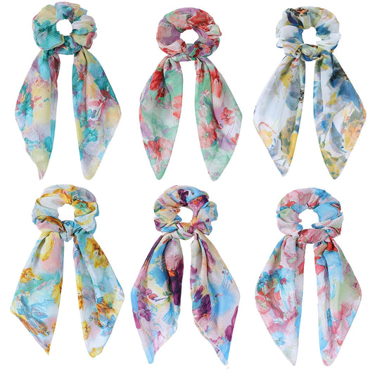 Scarf Scrunchie for Women Girls，6PCS Bow Scrunchie Hair Scarf Ties，Tie Dye Flower Hair Scrunchies Ponytai Ribbons Fashion Accessories for Thick Hair