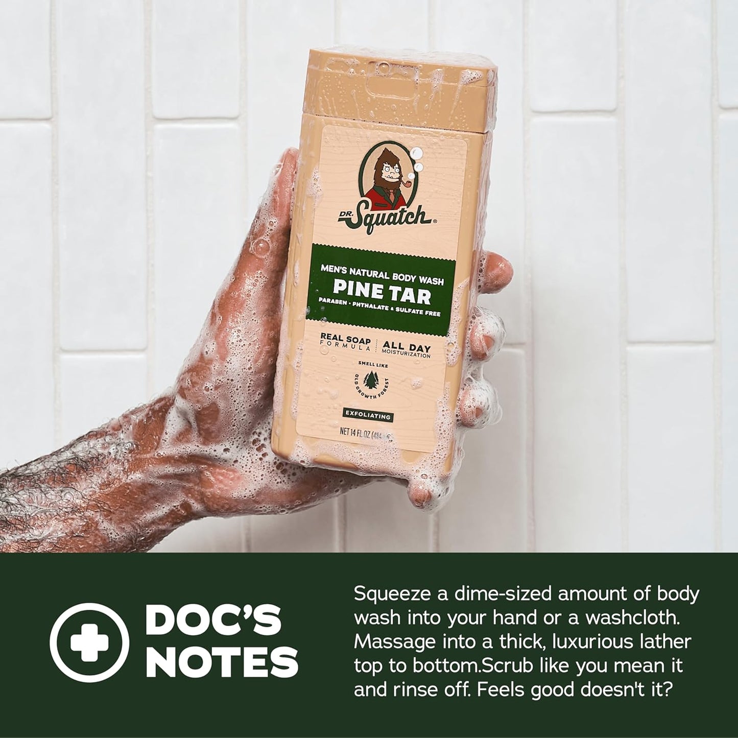 Dr. Squatch NEW Body Wash for Men with Nourishing, Natural Ingredients | No Paraben, Phthalate, Sulfate | Wood Barrel Bourbon (14 oz), Coconut Castaway & Pine Tar (8 oz, 2-Pack) & Body Scrubber