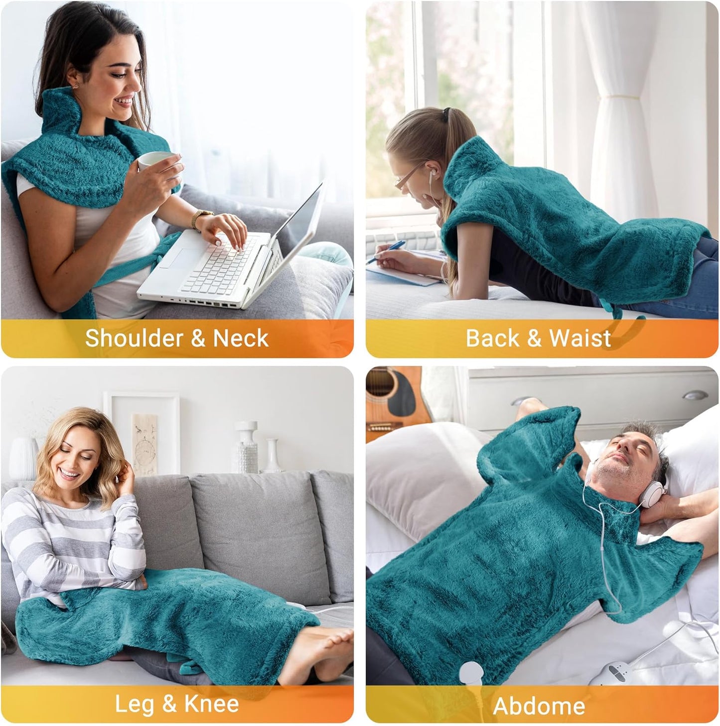 Massaging Heating Pad for Neck and Shoulders and Back, 24" x 35" Large Electric Heating Pad for Back Pain Relief with 3 Heat Levels, 4 Massage Settings, 2H Auto Shut-Off, 4 Massage Motors, Green