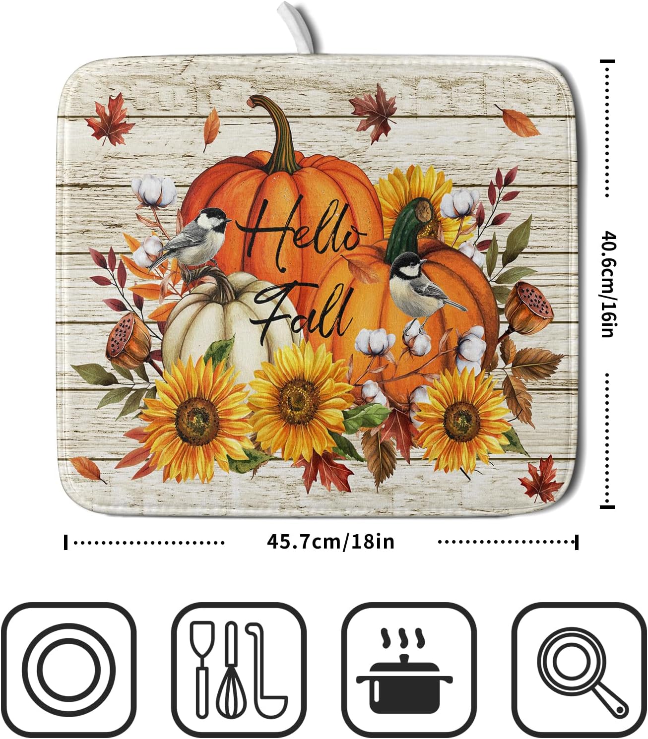 Hello Fall Dish Drying Mat Autumn Pumpkin Dish Drainer Rack Mats 16"x18" Fast Dry Microfiber Dish Drying Pad for Kitchen Countertop Table