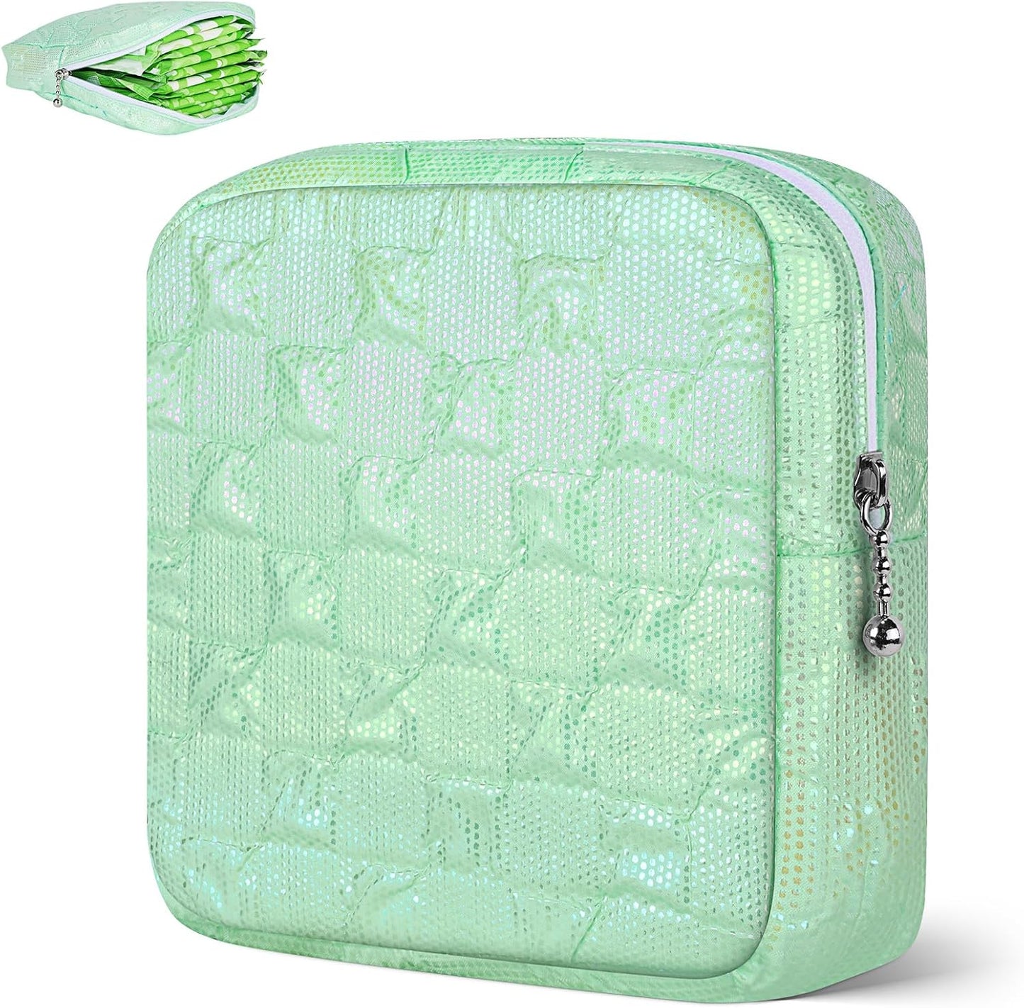 Desing Wish Sanitary Napkin Storage Bag Polyester Fabric Period Bag for Teen Girls Sanitary Pad Pouch for Sanitary Napkins/Tampons/Panty Liners Privacy Protector Pad Bag (Bubble-Check, Green Dots)