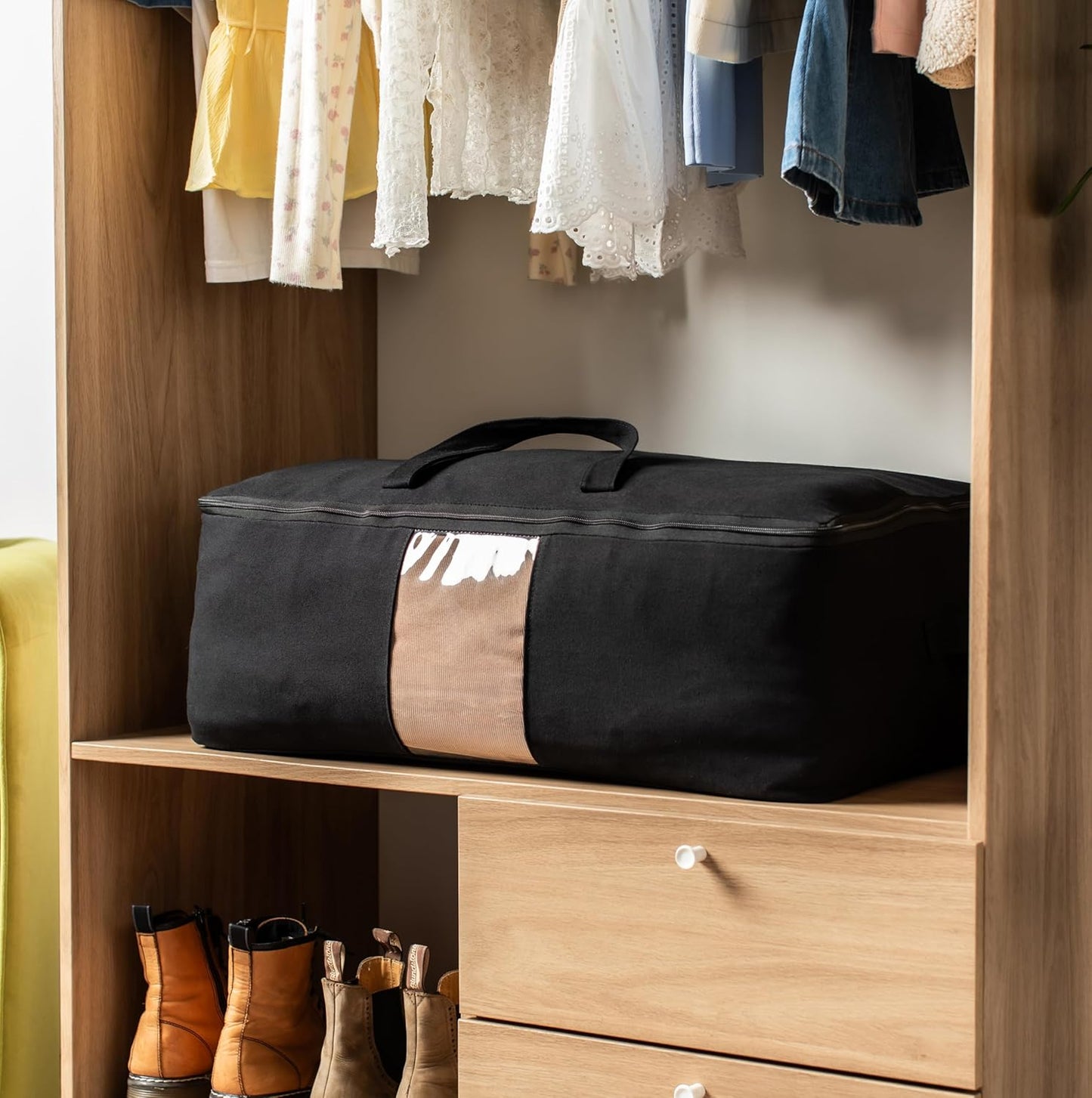 Soft Canvas Storage Bags with Zipper. Thick Breathable, 1pc King/Queen Comforter Organizer. Four Carrying Handles and Window. Large 25x19x9in Bag for Sheets Blankets Bedding Pillows, Clothes (Black)