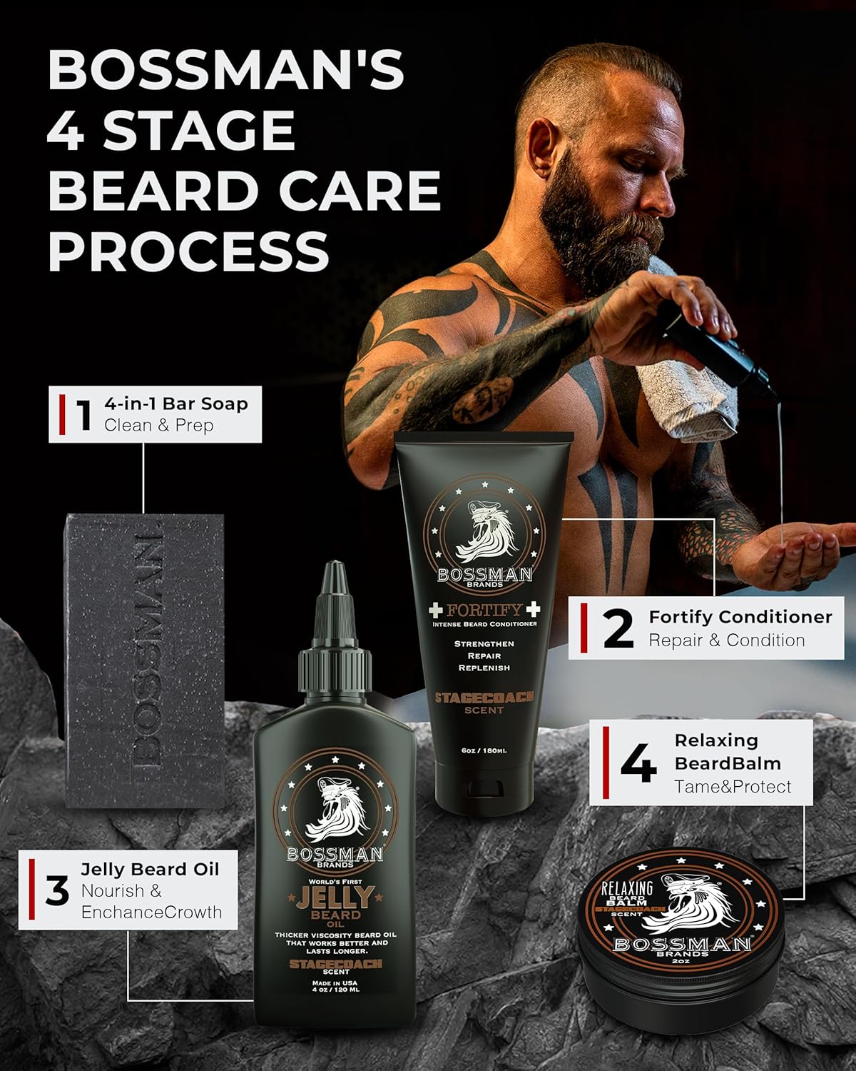 Bossman Essentials Beard Kit for Men, Set of 3 - Beard Oil Jelly, Fortifying Conditioner Cream, Beard Balm - Grooming Growth Care Accessories - Gift Set for Men (Vetiver X)