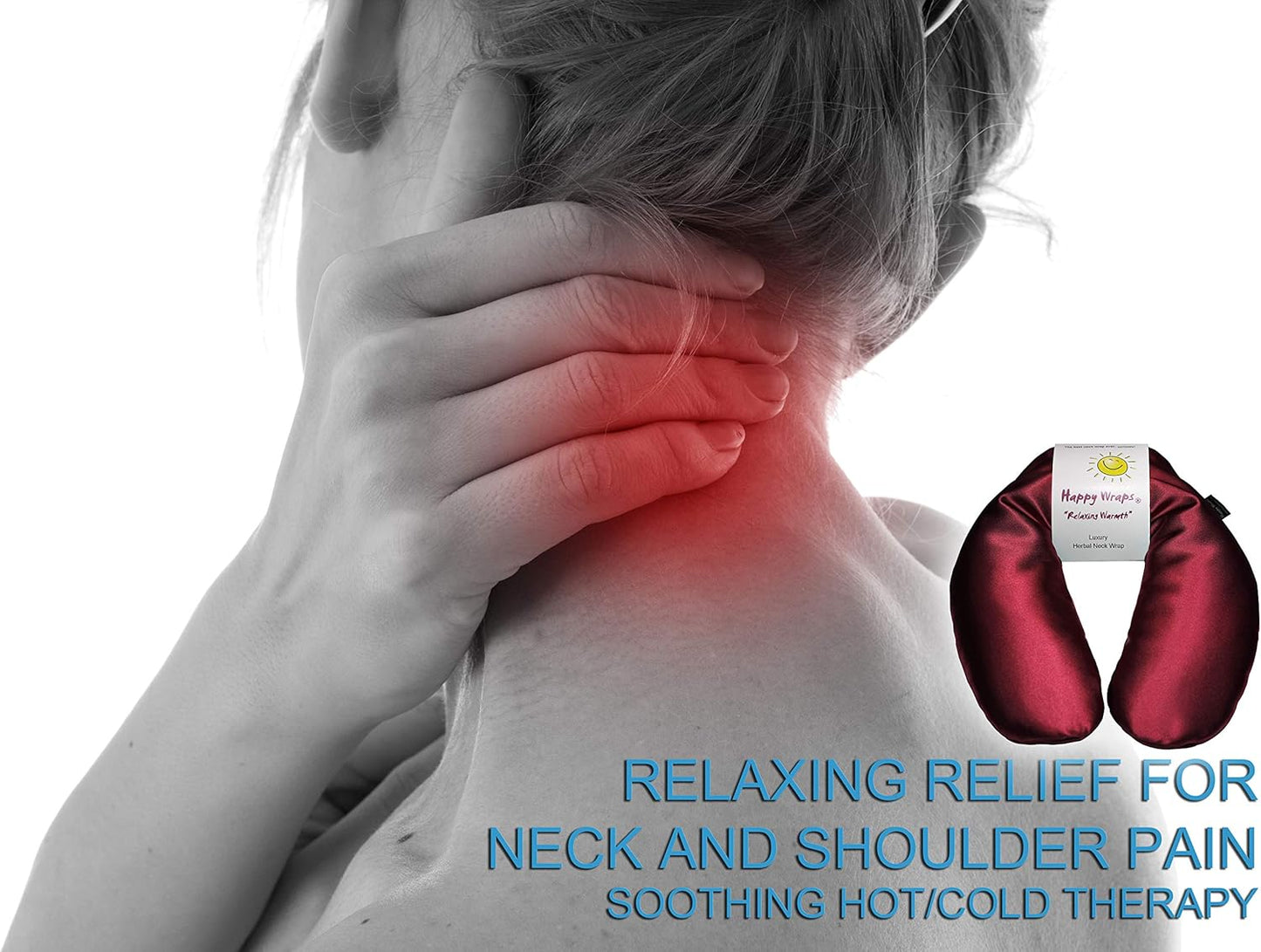 Microwavable Herbal Neck Wrap - Hot Cold Aromatherapy Neck Warming Pillow - Heating Pad for Migraines, Stress, Gifts for Women, Birthdays, Christmas and Free Sleep Mask - Ruby Satin