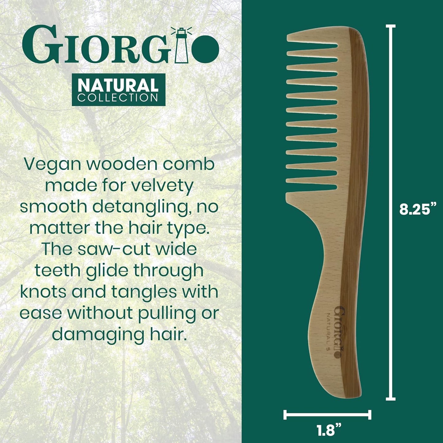Giorgio GIONAT5 Natural Wooden Detangling Comb with Comfortable Handle - Wide Tooth Comb for Curly Hair, Bamboo and Beechwood Hair Combs for Thick Hair - Organic Wooden Hair Comb for Men and Women