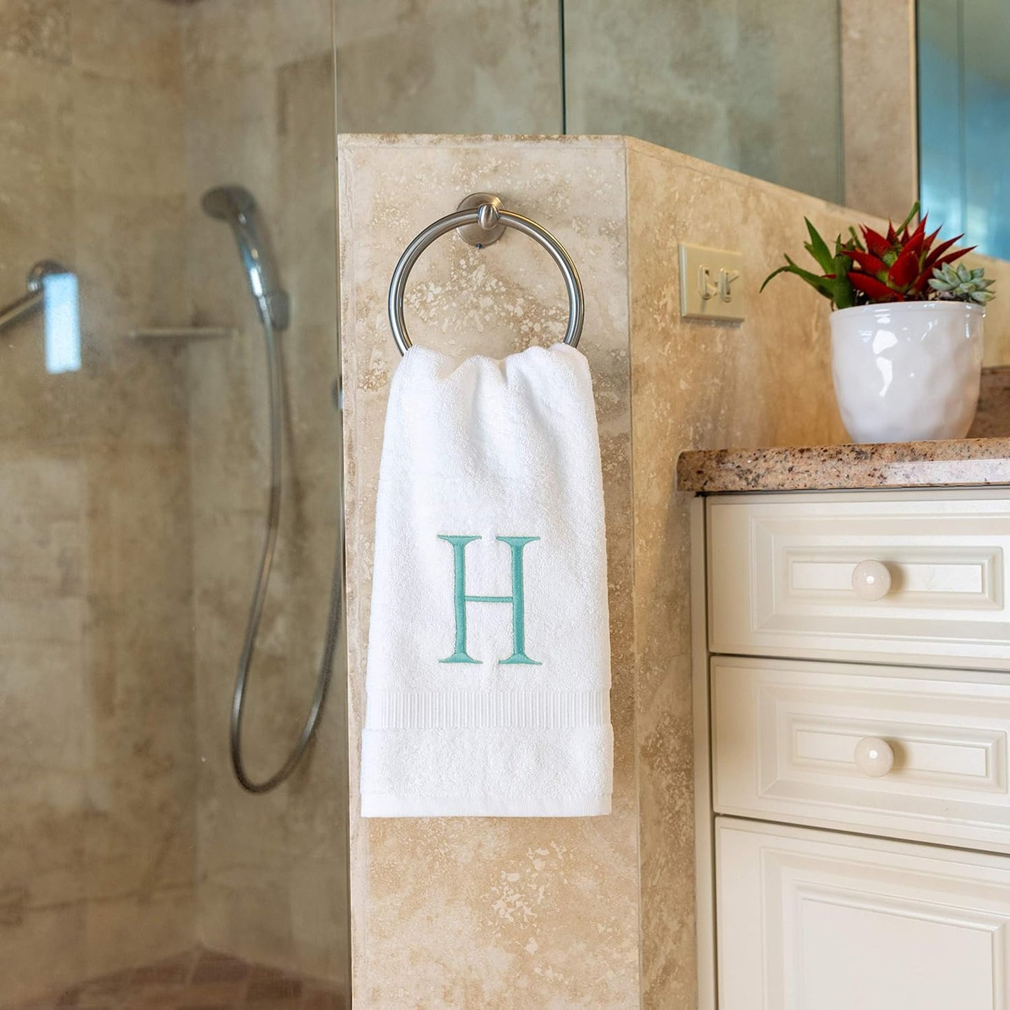 White and Teal Monogrammed Hand Towel - Monogram Initial Hotel Quality Decorative Embroidered Luxury Towel for Powder Room, Spa - GOTS Organic Certified - Set of 2 Letter H