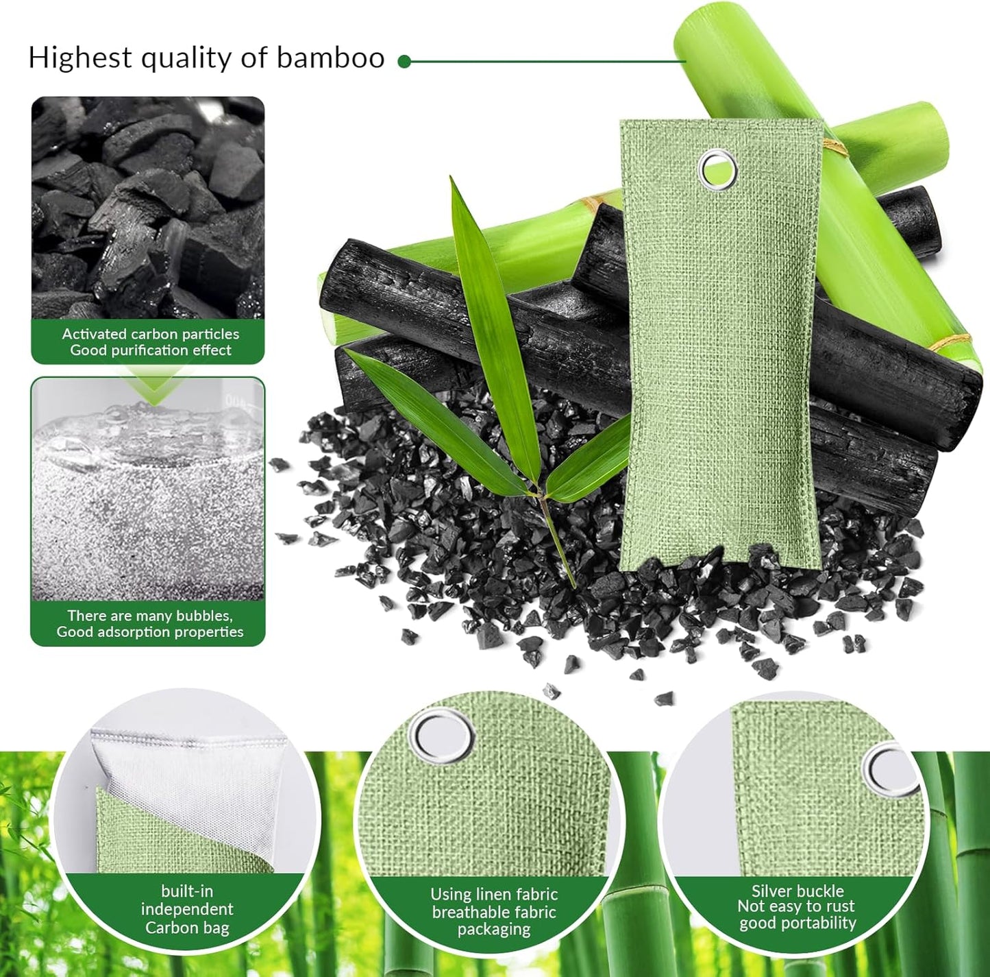 4 Pack charcoal odor absorber,Bamboo Charcoals Air Purifying Bag Charcoals Deodorizer Eliminator for Strong Odors in Car, Closet, Shoe, Basement (75G*4 Pack Light Green-2, Unscented)