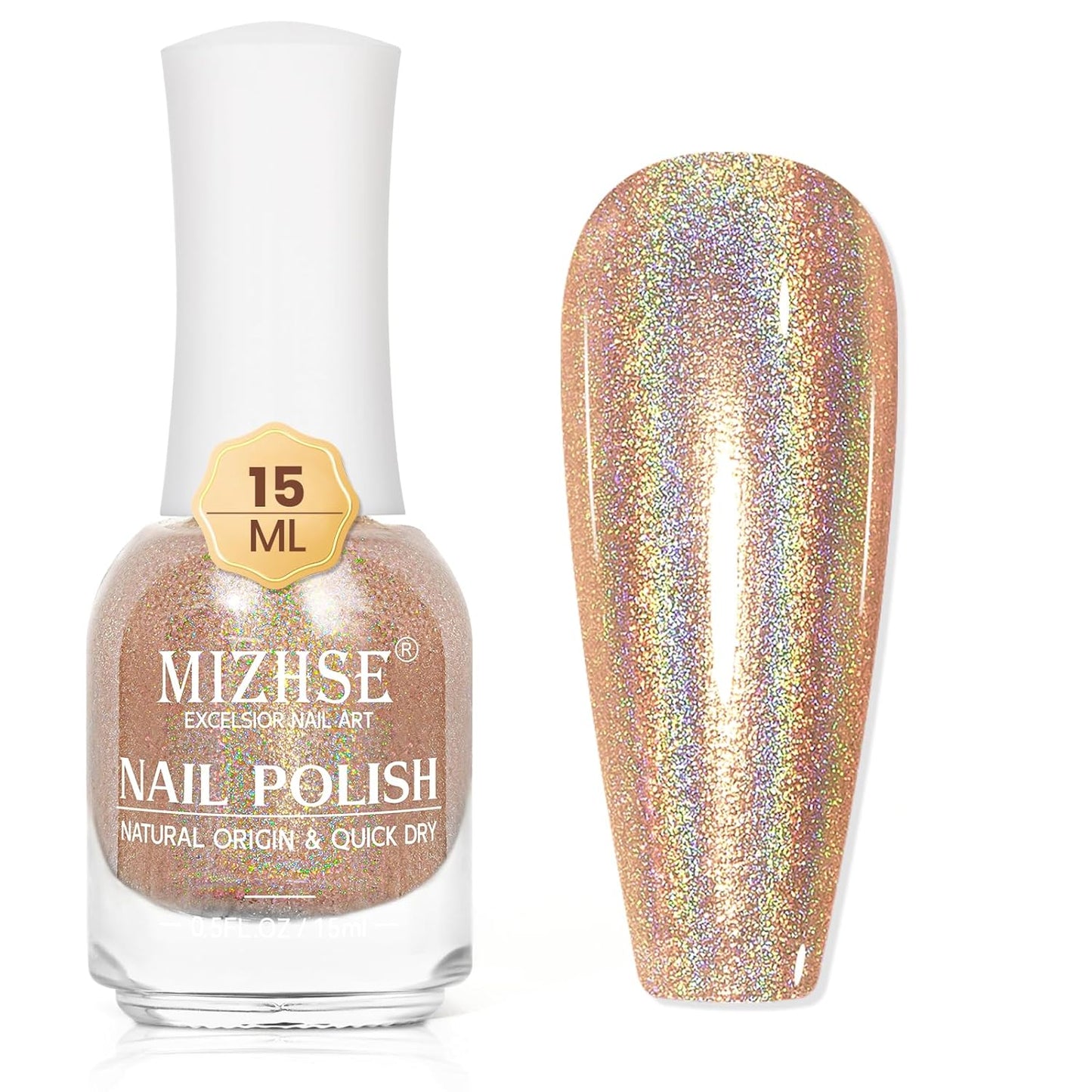 MIZHSE Holographic Nail Polish, Light Brown Shimmery Nail Polish Non Gel, Air Dry Fast Glossy Shiny Nail Pigment Oil-based Laser Iridescent Chrome Nail Art Salon Manicure Home