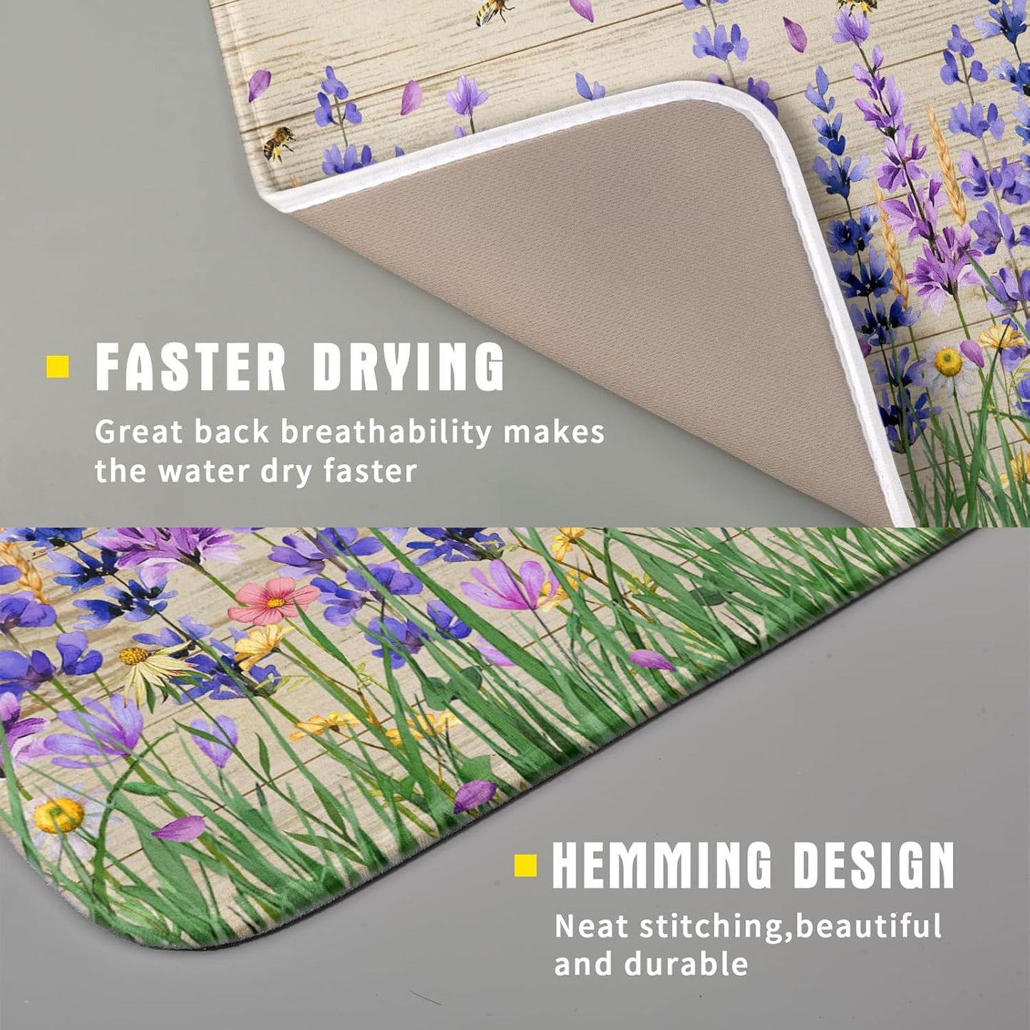 Lavender Floral Dish Drying Mat 16x18 inch Spring Summer Flower Decorative Fast Dry Dishes Drainer Mats Reversible Washable Dish Rack Pad