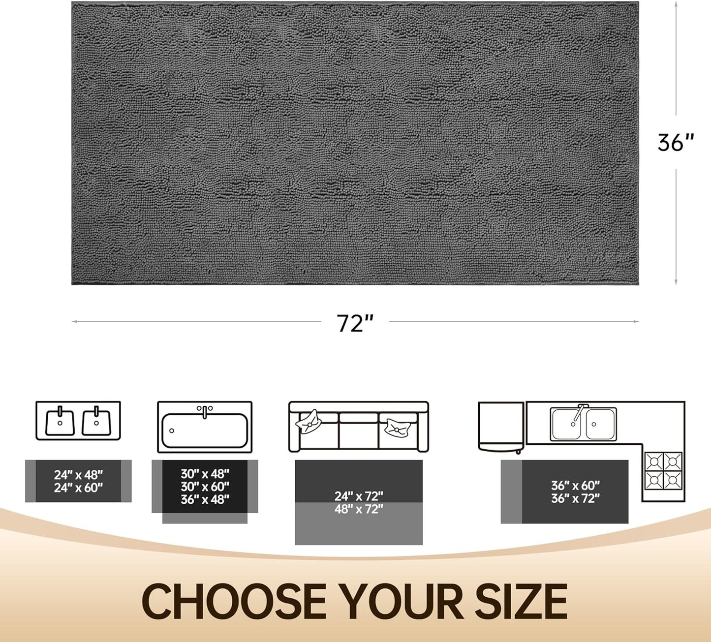 Amyracel Bathroom Rug Mat 36x72, Thick Soft Quick Dry Absorbent Chenille Bath Rug, Rubber Back Non Slip Machine Washable Bath Mat for Bathroom Shower Tub Floor